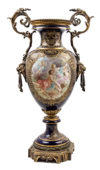 A Sevres Style Gilt Bronze Mounted Porcelain Urn Height 32 inches.