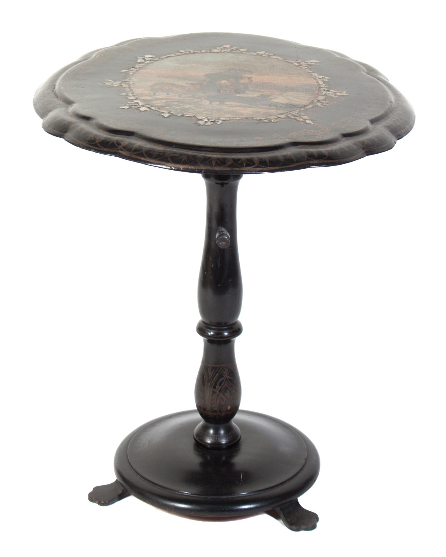 An Ebonized and Parcel Gilt Hand Painted Tilt-Top Table Height 42 inches.