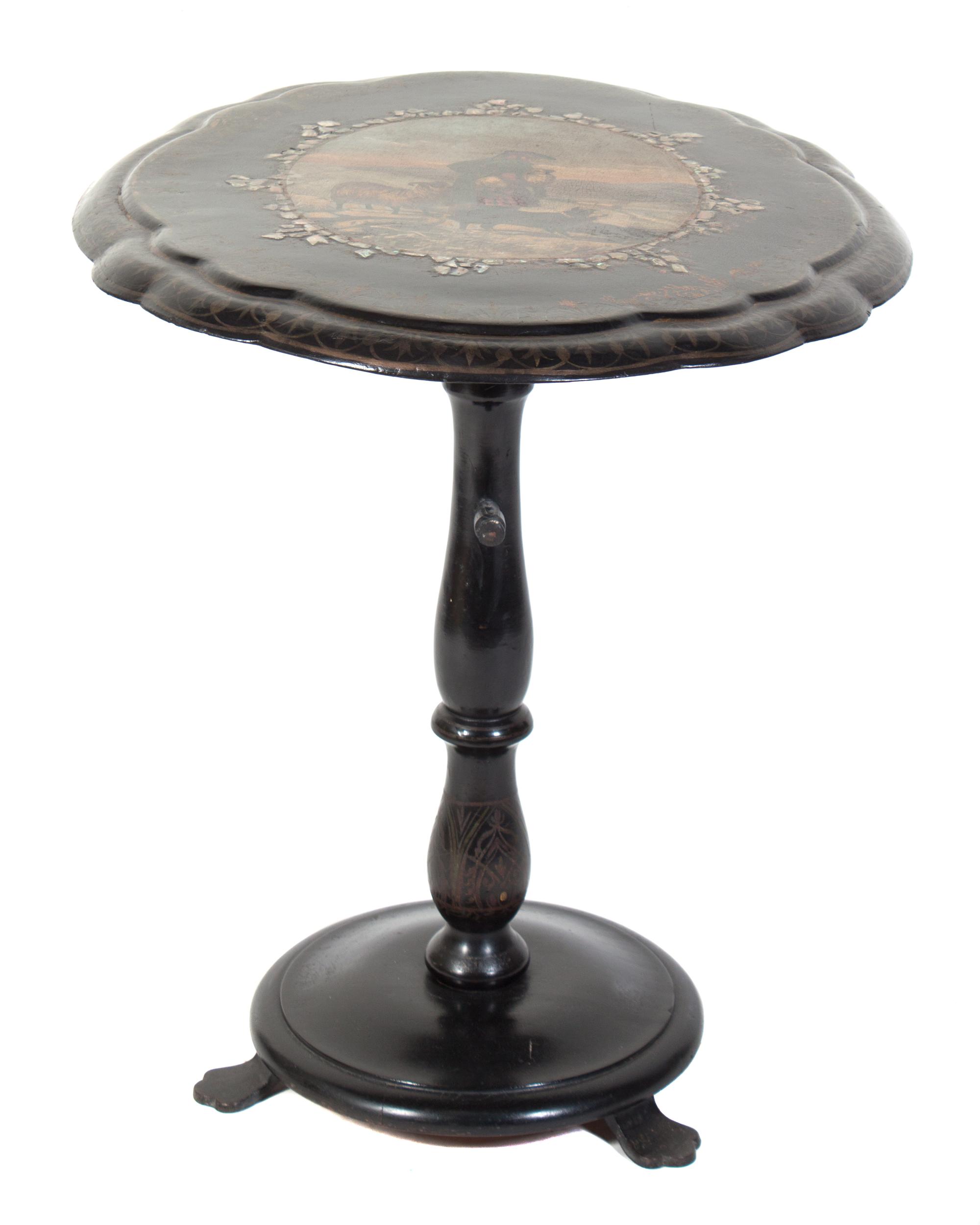 An Ebonized and Parcel Gilt Hand Painted Tilt-Top Table Height 42 inches.