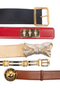 A Group of Five Designer Belts by Judith Leiber, Celine, Chanel, and Gucci
