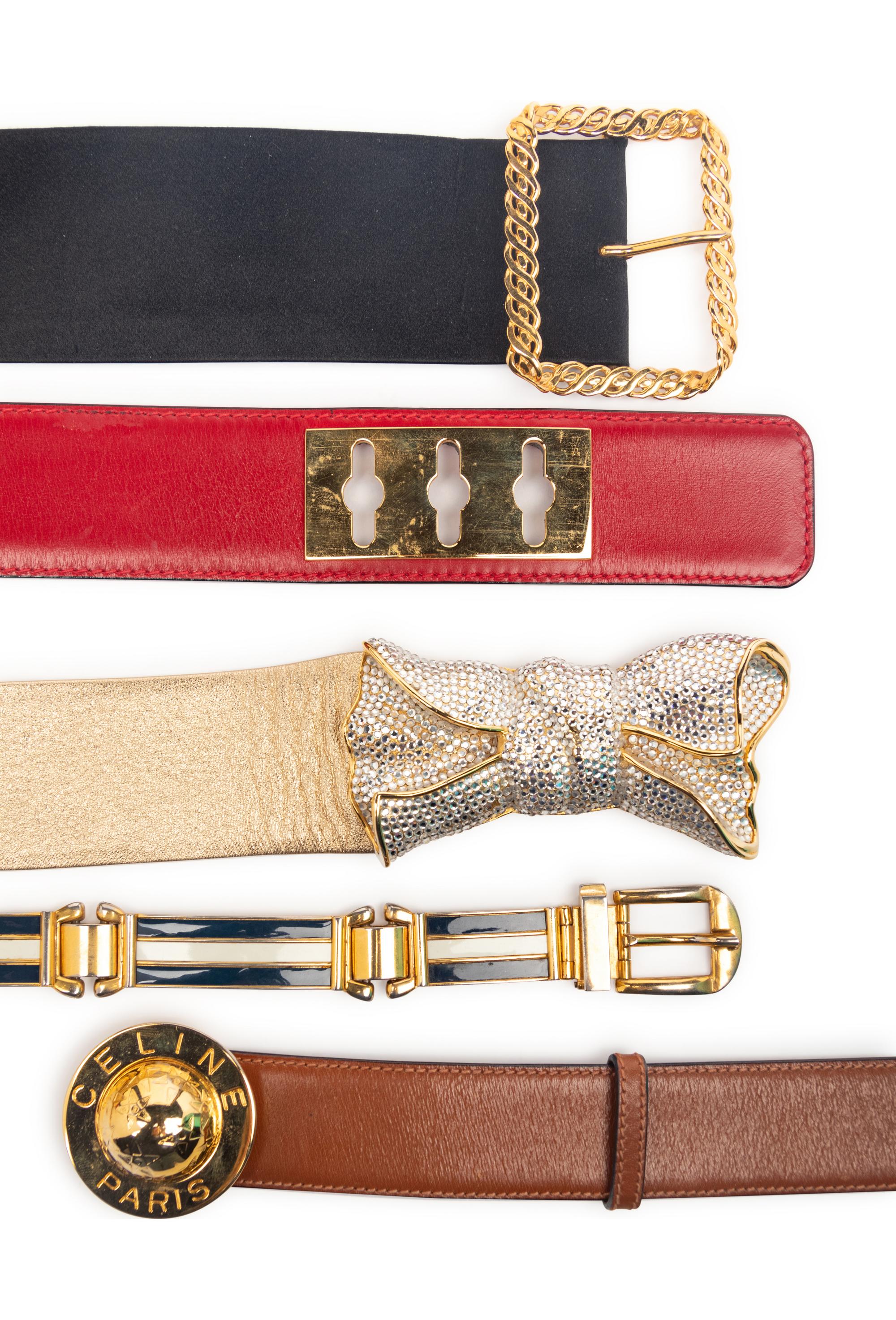 A Group of Five Designer Belts by Judith Leiber, Celine, Chanel, and Gucci