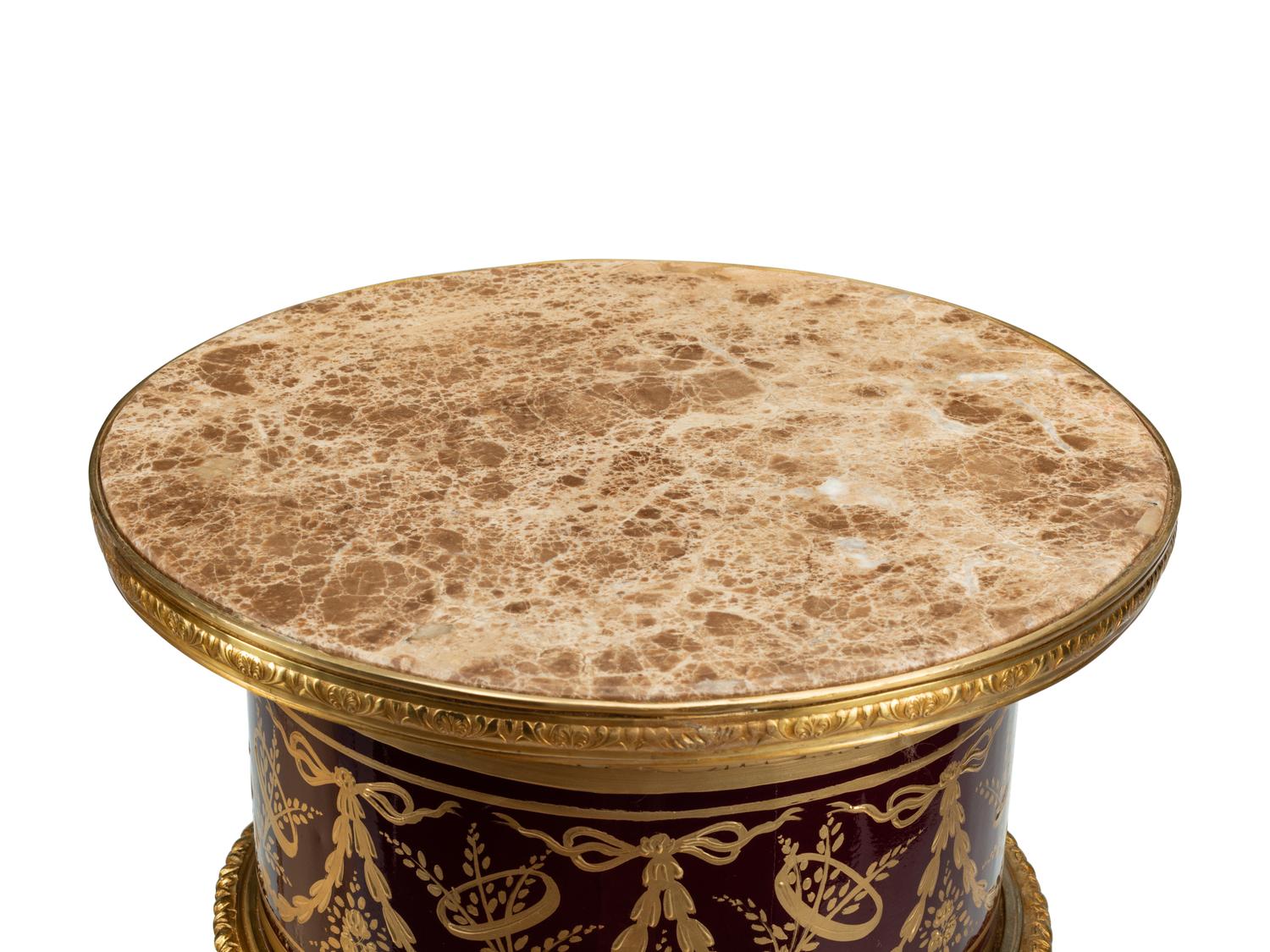 A Pair of Gilt Bronze Mounted Composition and Painted Metal Marble-Top Pedestals
