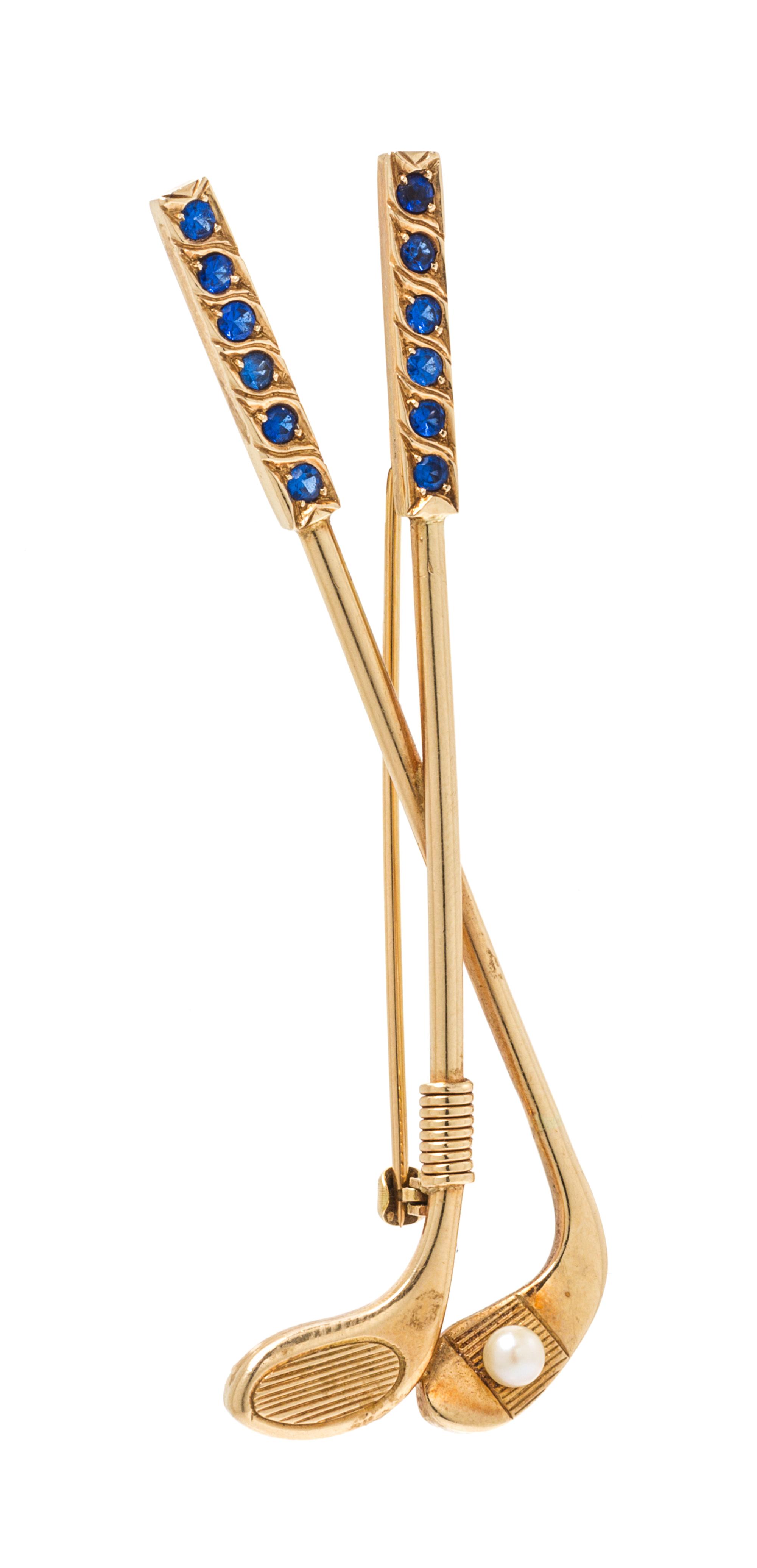A 14 Karat Yellow Gold, Synthetic Spinel and Cultured Pearl Golf Club Motif Brooch, 5.90 dwts.