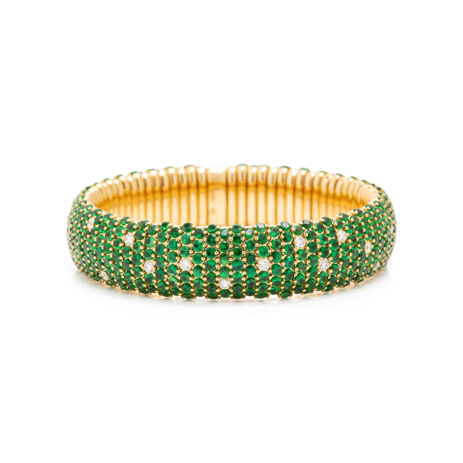 Zydo, Tsavorite Garnet, Diamond, and Yellow Gold Flexible Bangle Bracelet