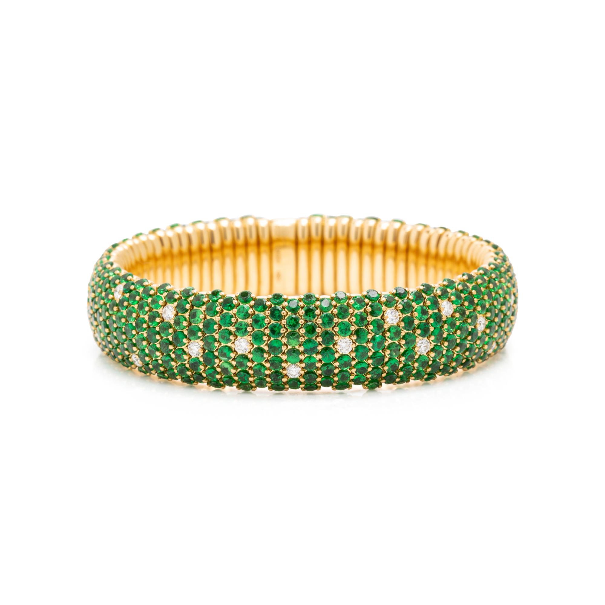 Zydo, Tsavorite Garnet, Diamond, and Yellow Gold Flexible Bangle Bracelet