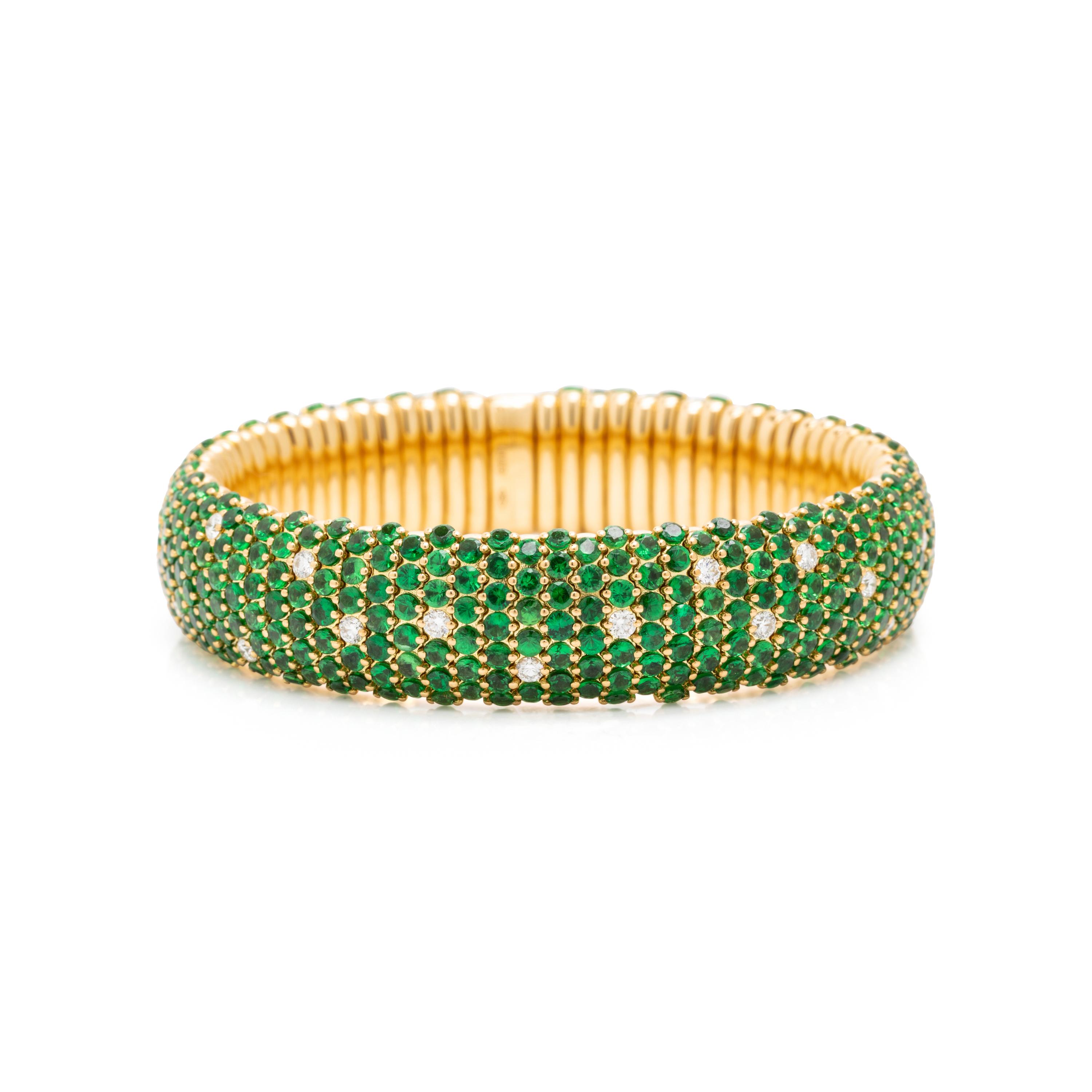 Zydo, Tsavorite Garnet, Diamond, and Yellow Gold Flexible Bangle Bracelet