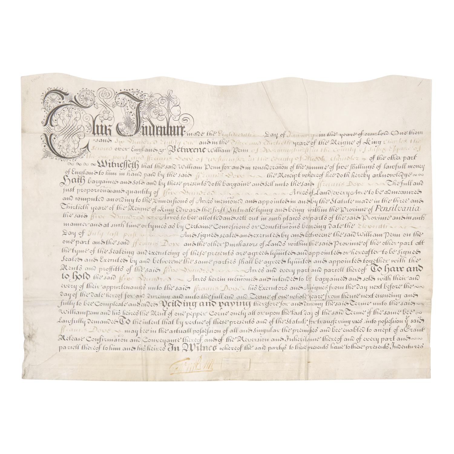 [Philadelphia] Penn, William. Signed Land Indenture