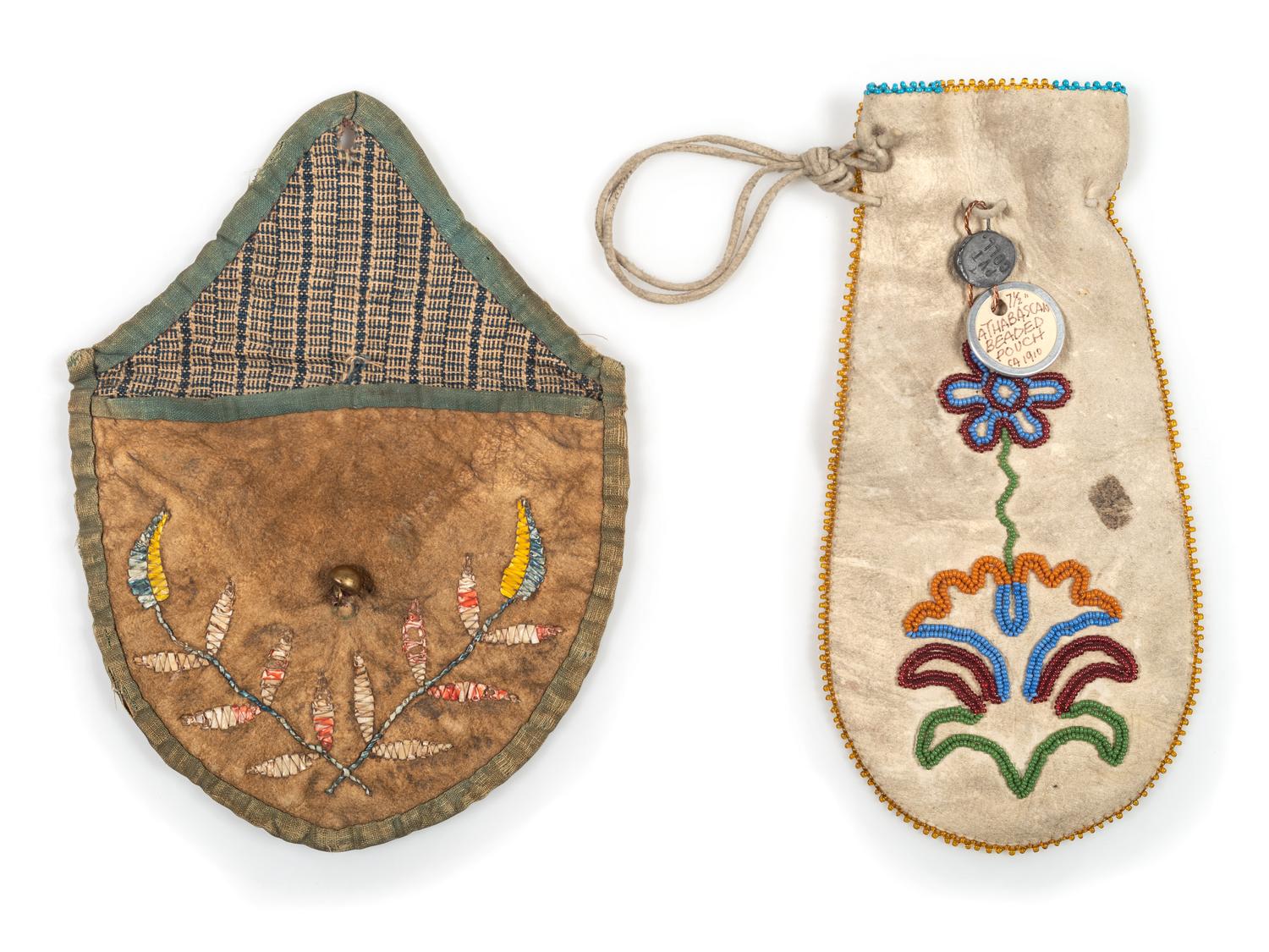 Athabascan Beaded Hide Pouch AND Santee Sioux Quilled Hide Pouch