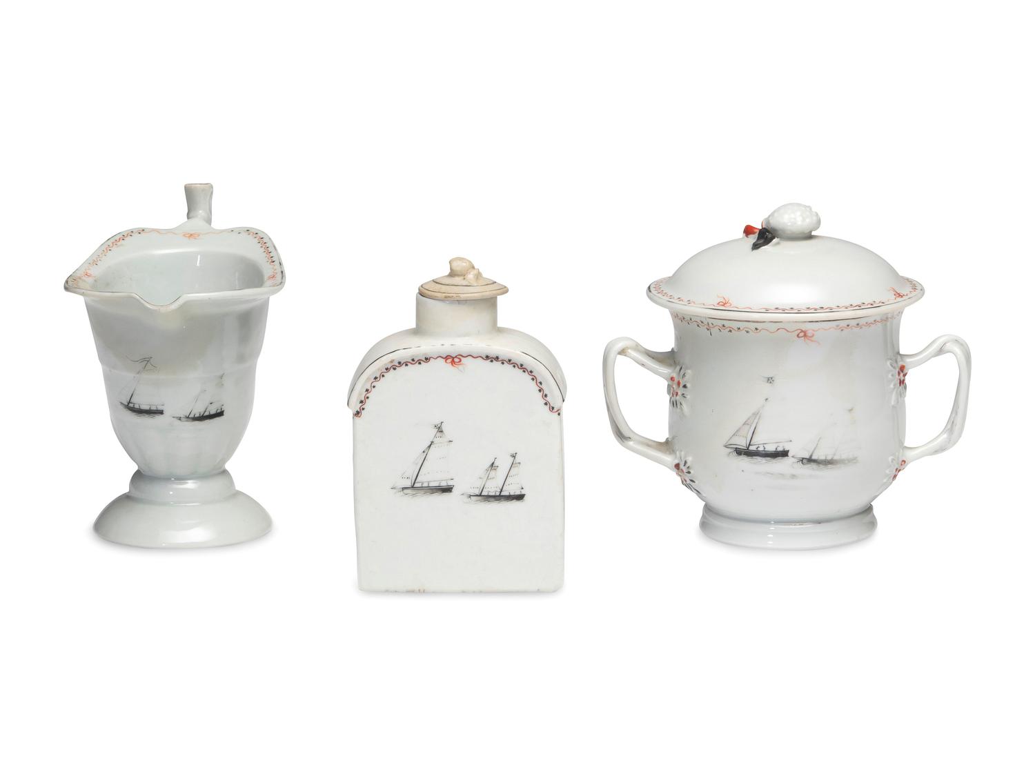 A Chinese Export Porcelain Nine-Piece Grisaille Tea Service