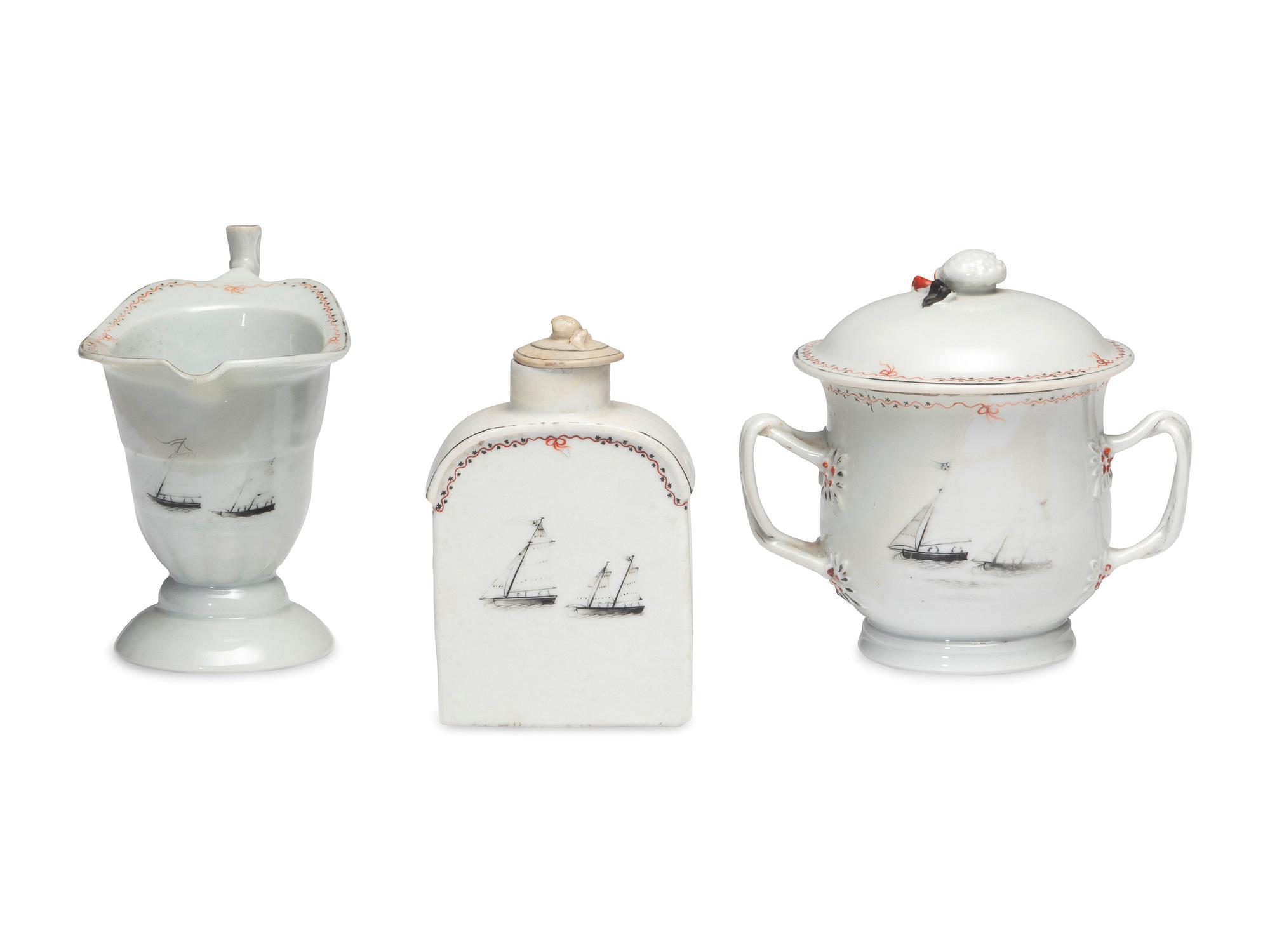 A Chinese Export Porcelain Nine-Piece Grisaille Tea Service