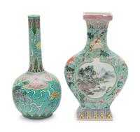 Two Chinese Turquoise Green Ground Famille Rose Porcelain Vases