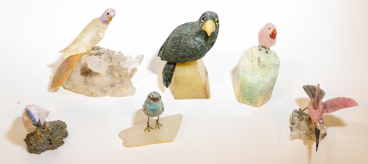 A Group of Six Carved Stone Birds. Height of tallest overall 5 inches.