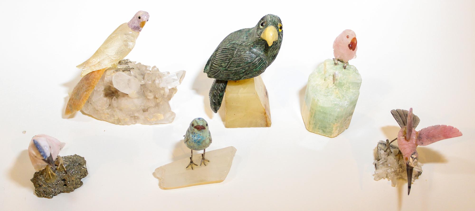 A Group of Six Carved Stone Birds. Height of tallest overall 5 inches.