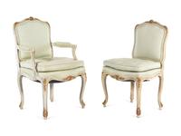 A Set of Twelve Louis XV Style Painted and Parcel Gilt Dining Chairs