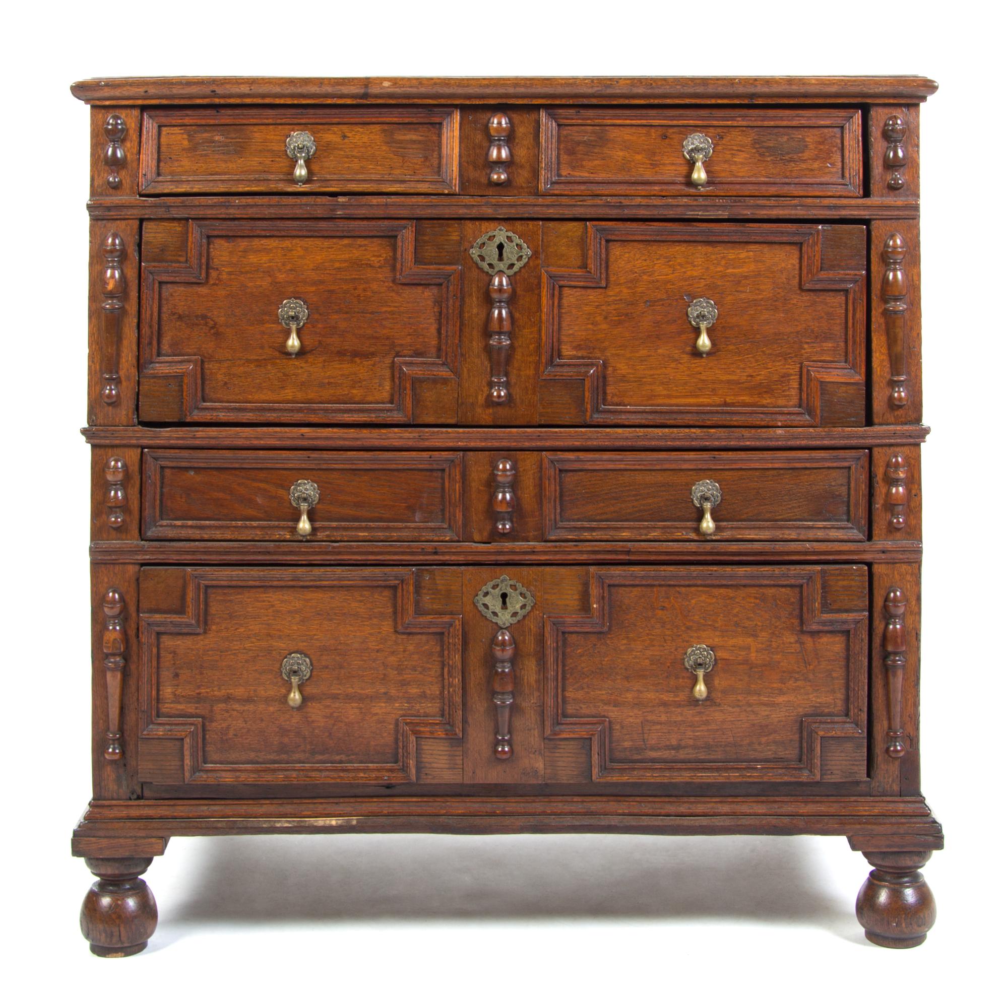 A Charles II Oak Chest of Drawers Height 37 1/2 x width 37 3/8 x depth 22 3/4 inches.