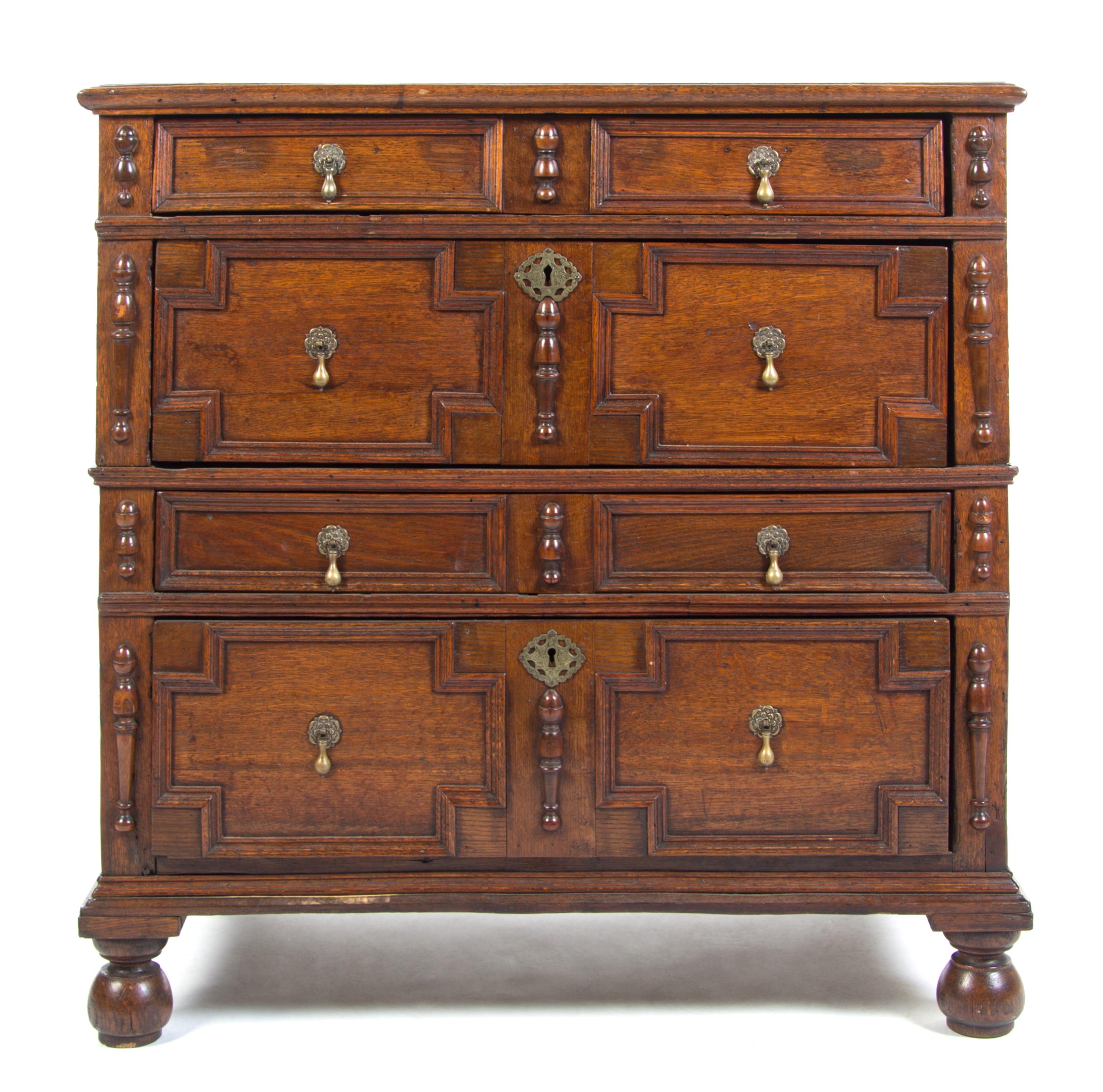 A Charles II Oak Chest of Drawers Height 37 1/2 x width 37 3/8 x depth 22 3/4 inches.