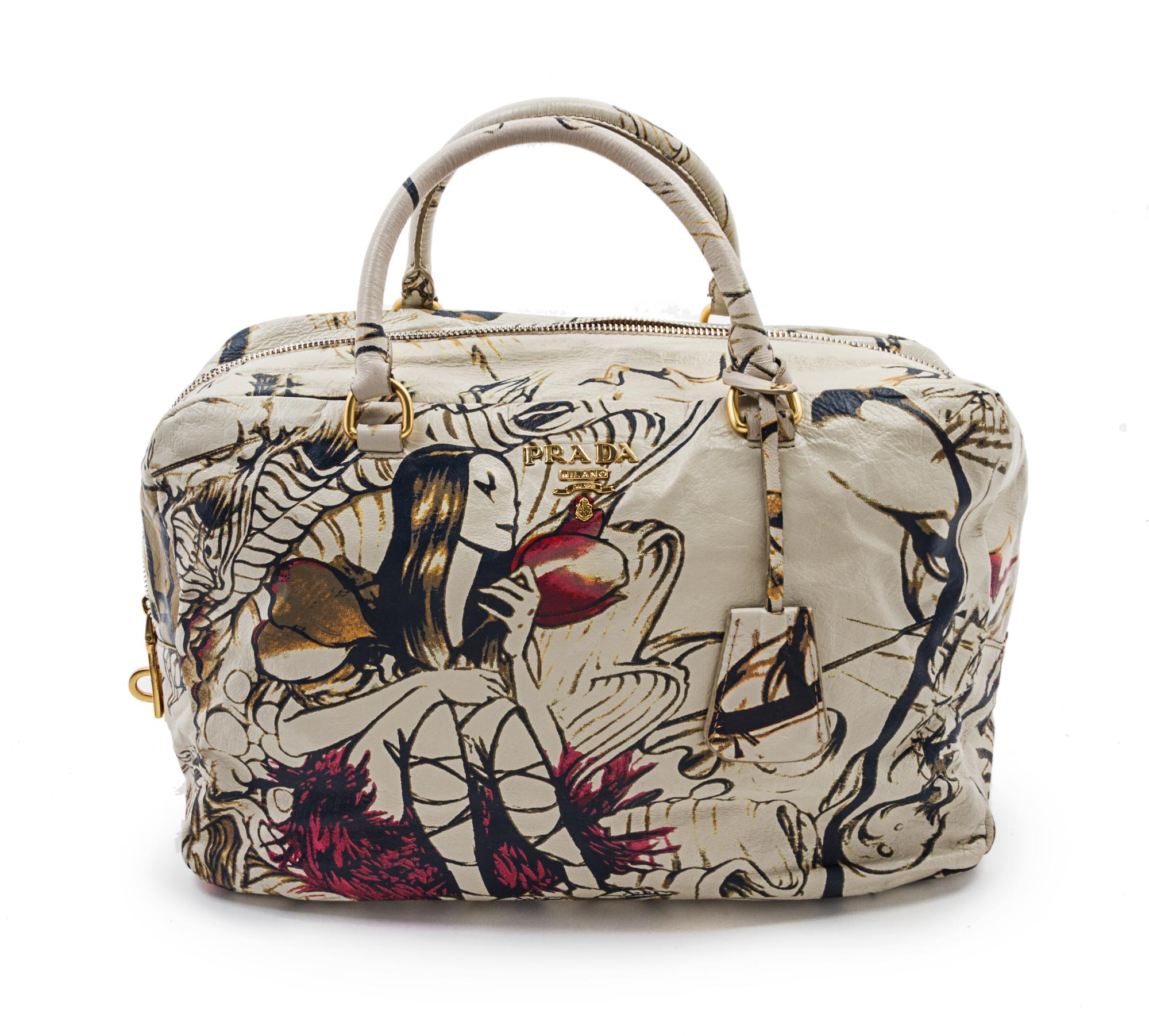 A Prada Fairy Print Leather Bag, 14 x 8 1/2 x 6 inches.