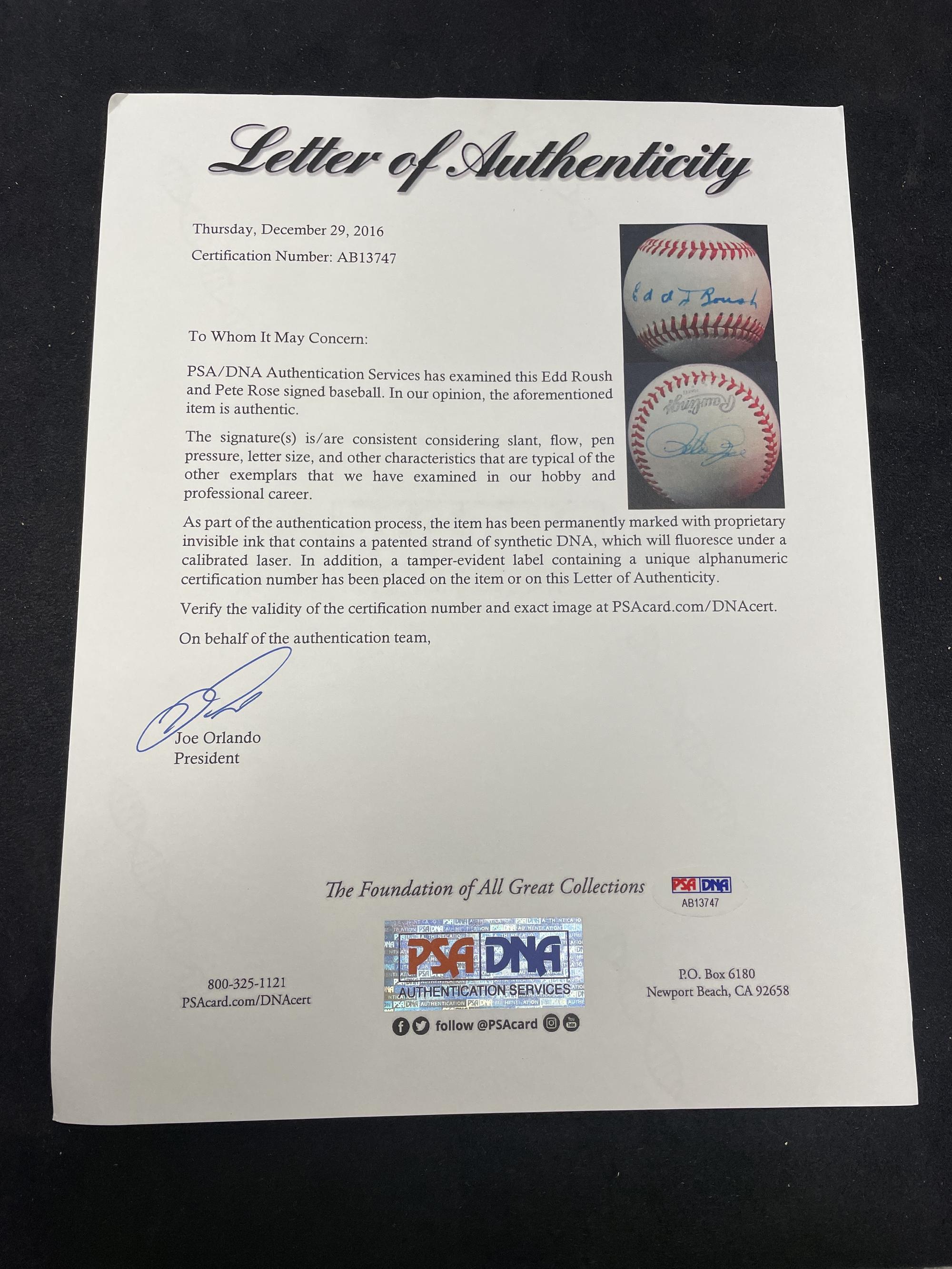 A Pete Rose and Edd J. Roush Single Signed Autograph Baseball (PSA and Beckett Authentication Services Letters of Authenticity)