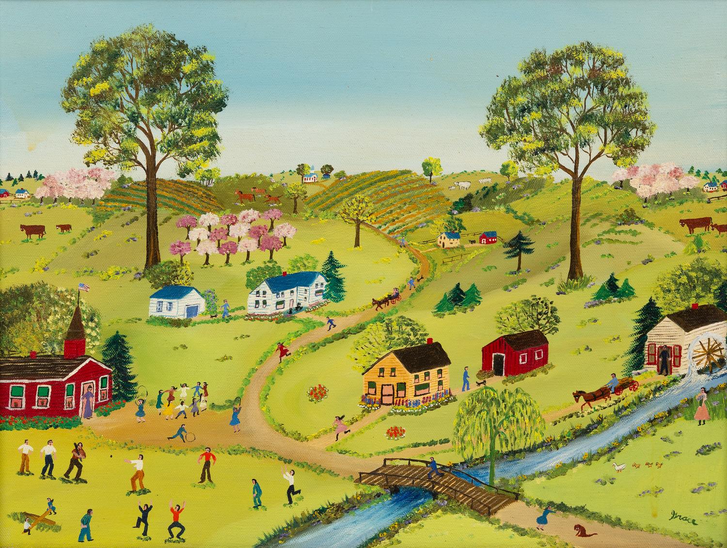 Grace McArthur (American, 1899–1986) — Landscapes with Streams, Figures and Homesteads, 2 works