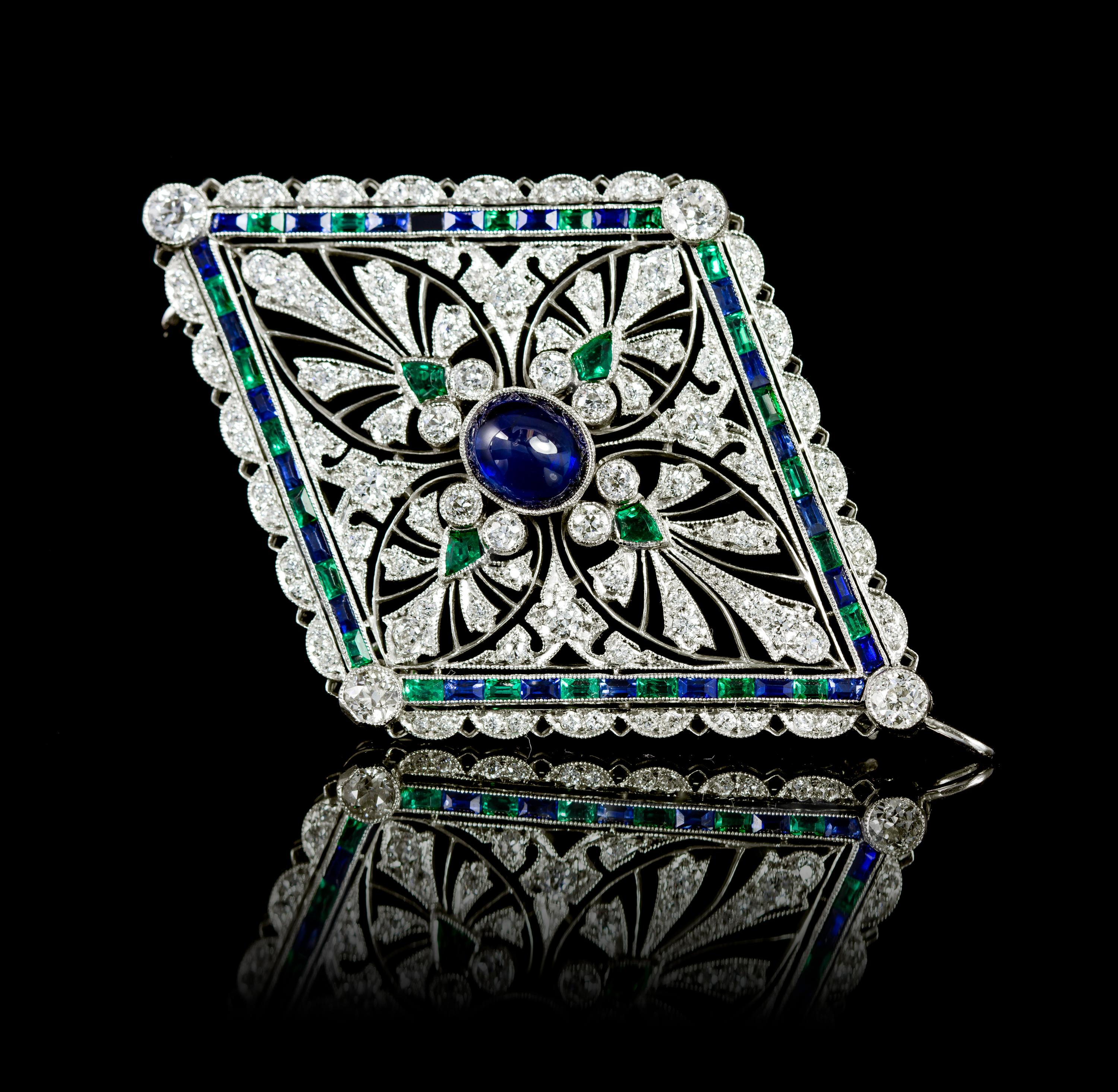 A Fine Platinum, Sapphire, Diamond and Emerald Pendant/Brooch, Tiffany & Co., Circa 1912, 13.70 dwts.