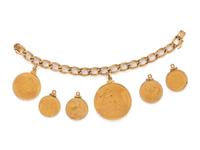 YELLOW GOLD BRACELET AND COLLECTION OF YELLOW GOLD AND COIN PENDANTS