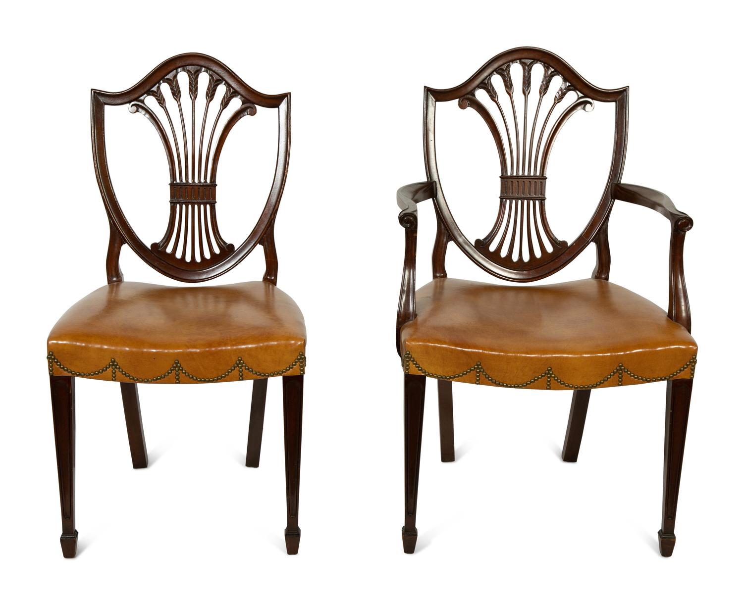 A Set of Ten George III Style Leather-Upholstered Mahogany Dining Chairs