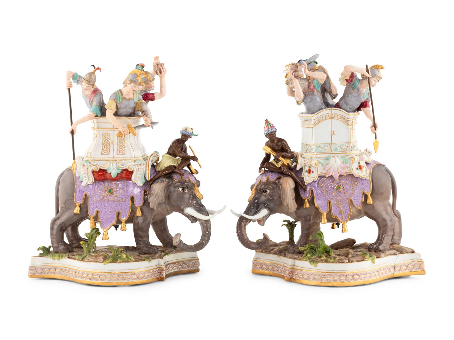 A Pair of Meissen Porcelain Caparisoned Elephant and Soldier Figural Groups