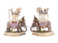 A Pair of Meissen Porcelain Caparisoned Elephant and Soldier Figural Groups