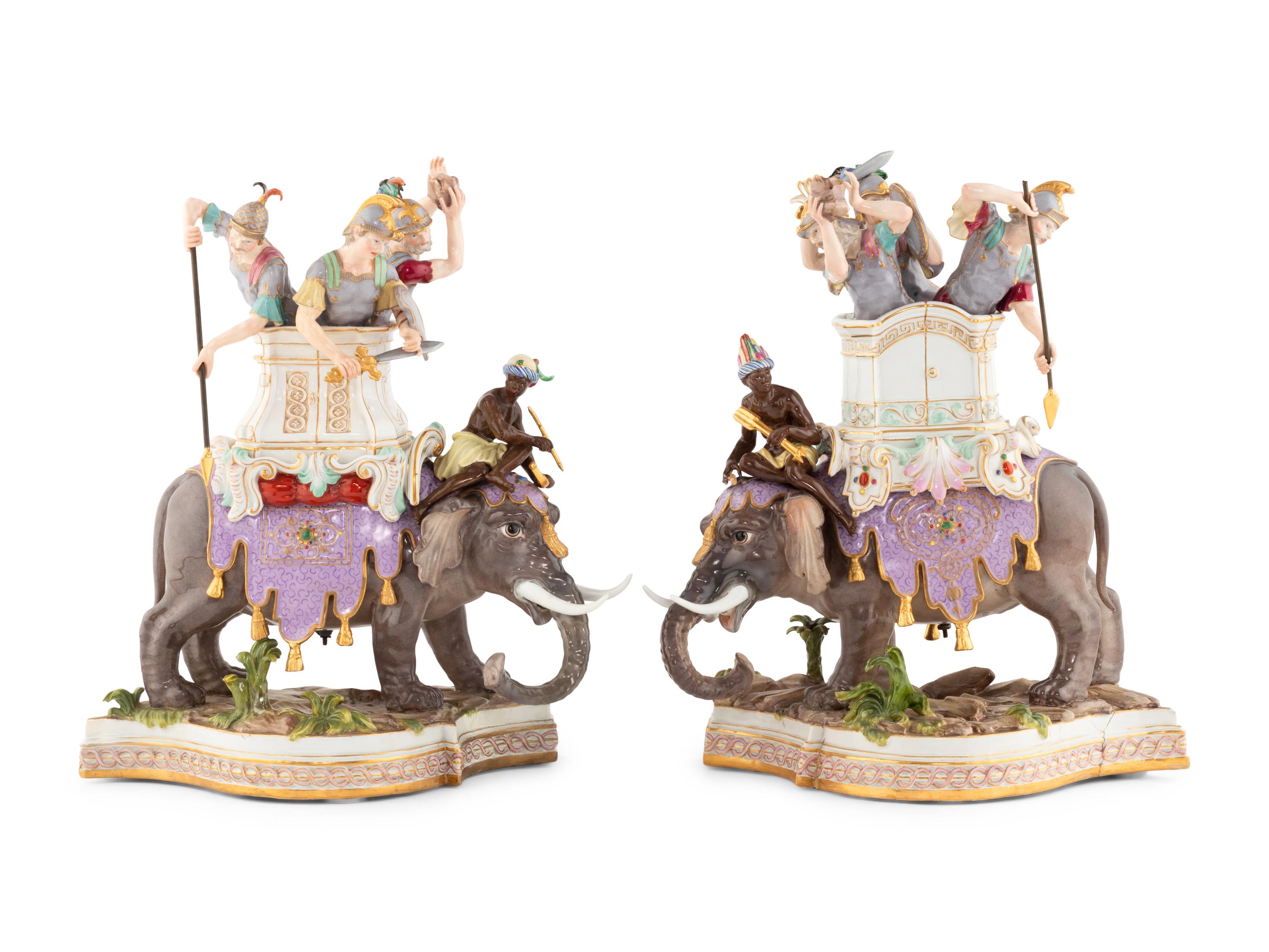 A Pair of Meissen Porcelain Caparisoned Elephant and Soldier Figural Groups