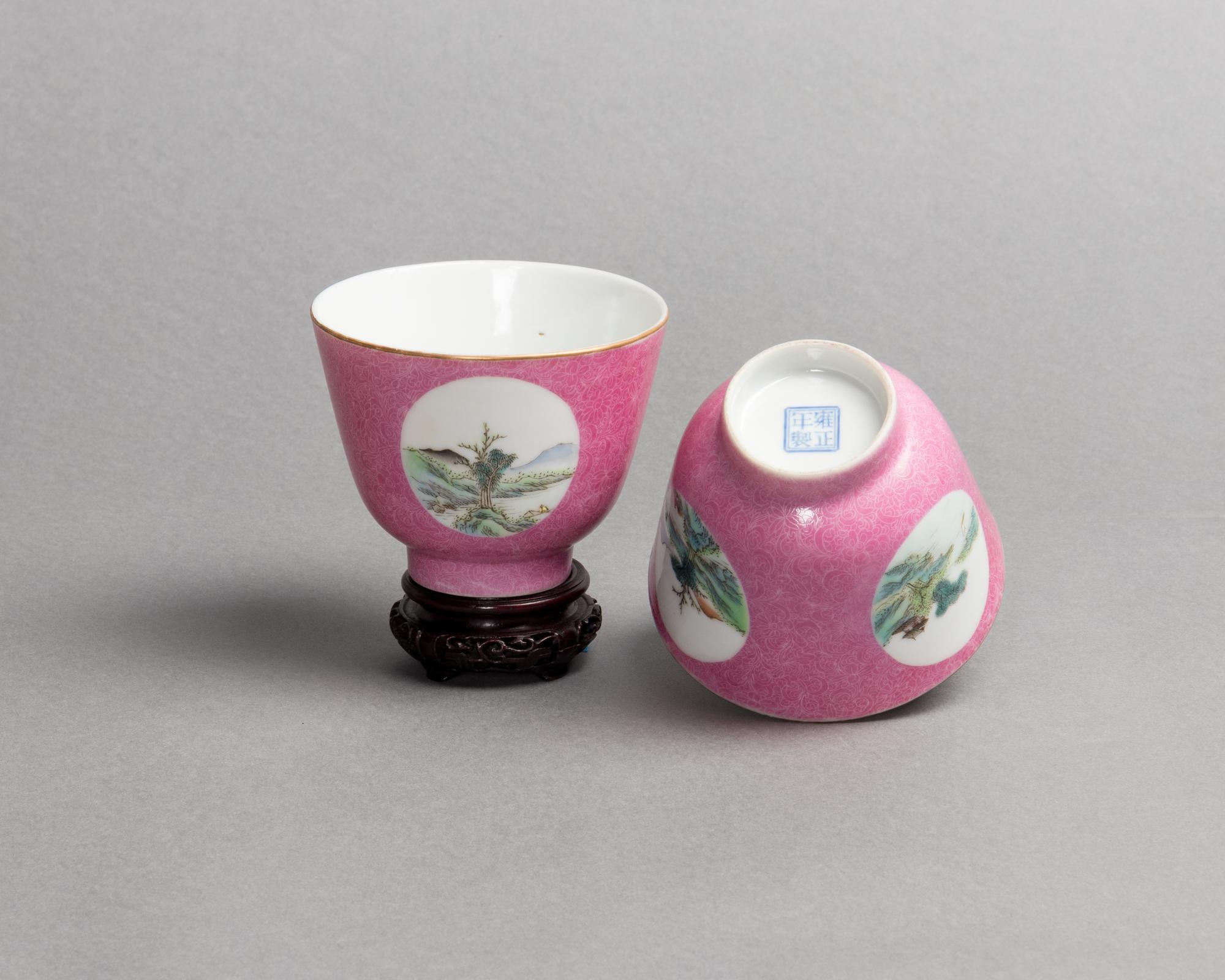 A Pair of Chinese Pink Enameled Sgrafitto Porcelain Wine Cups
