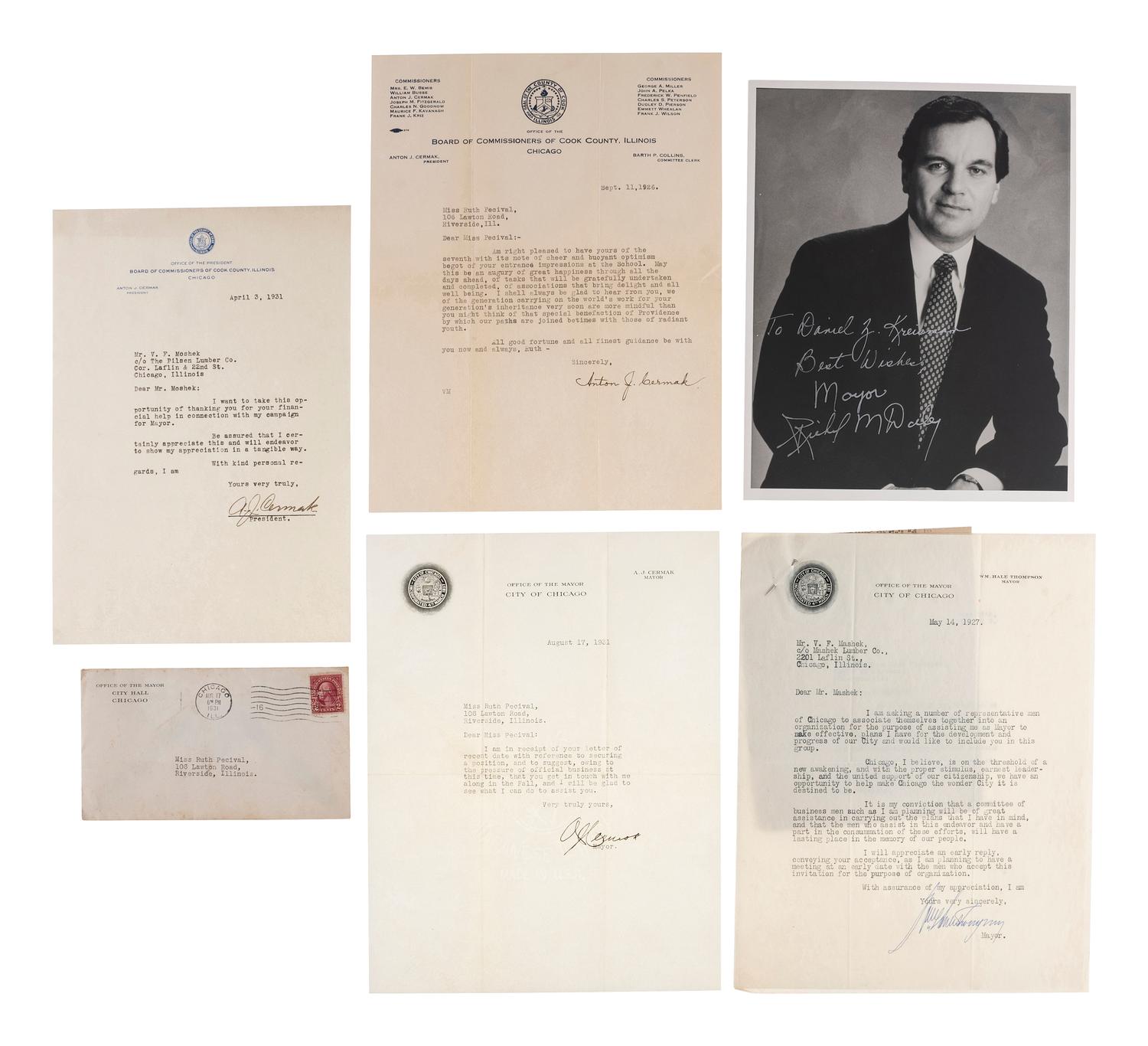 [CHICAGO]. A group of documents signed by Chicago mayors, including Joseph MEDILL, John WENTWORTH, James H. WOODWORTH, Anton J. CERMAK, William Hale THOMPSON, and the Mayors DALEY.