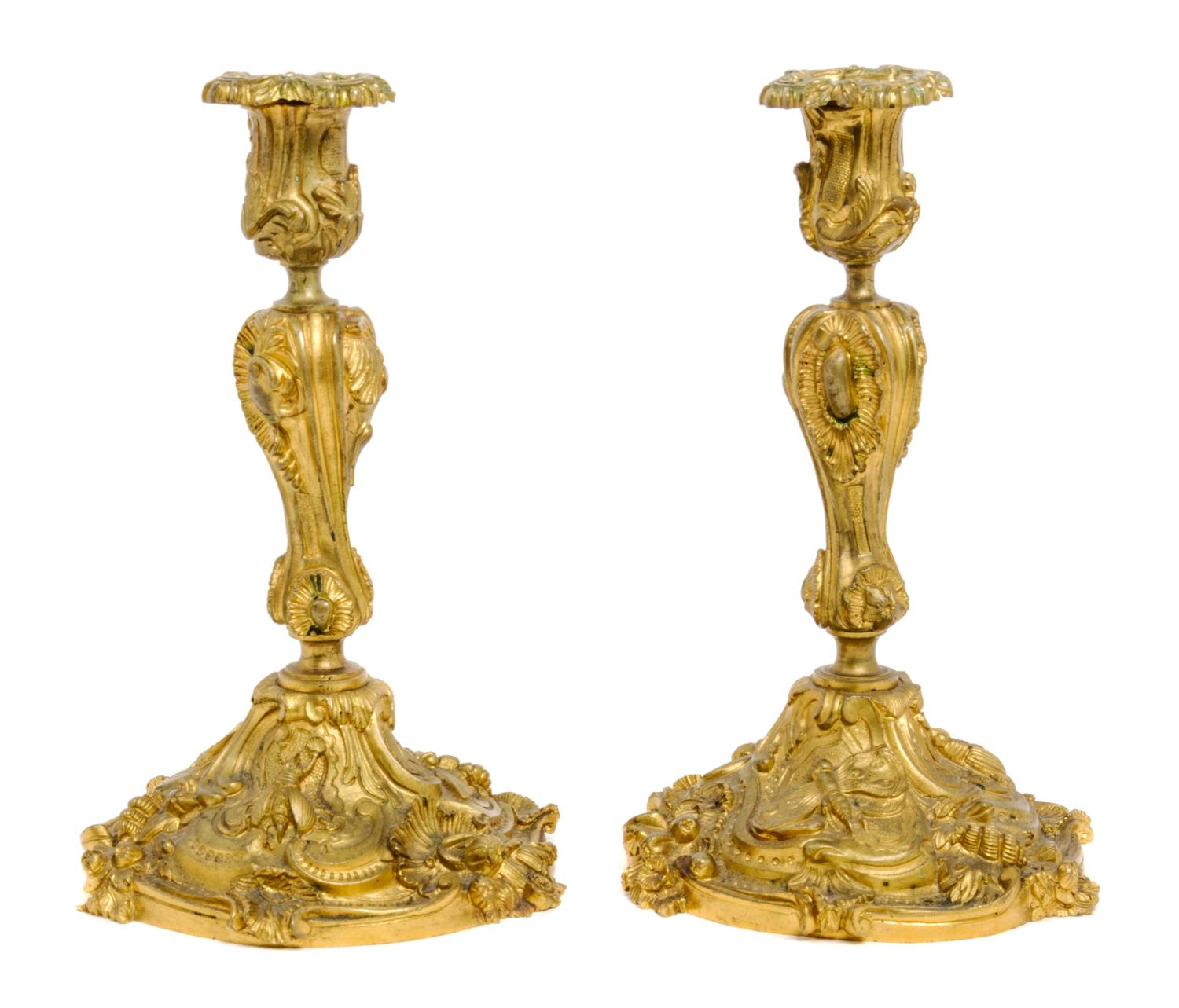 A Pair of Rococo Style Gilt Bronze Candlesticks Height 10 1/2 inches. — LATE 19TH CENTURY