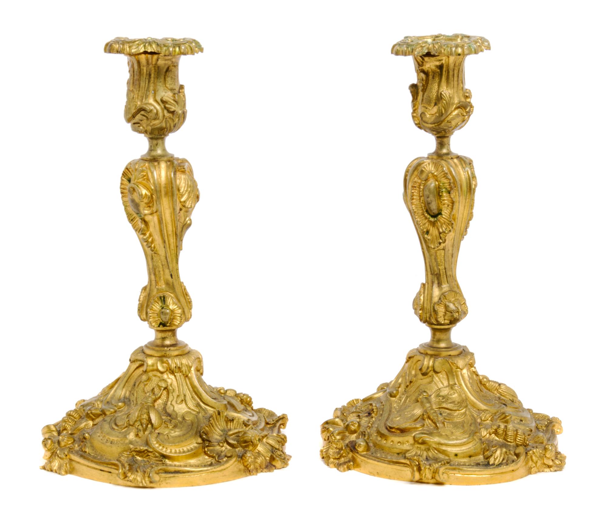 A Pair of Rococo Style Gilt Bronze Candlesticks Height 10 1/2 inches. — LATE 19TH CENTURY