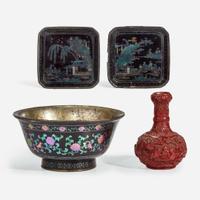 A Chinese “Lac Burgaute” bowl and two dishes, and a small carved cinnabar lacquer vase 17th/18th to 19th century