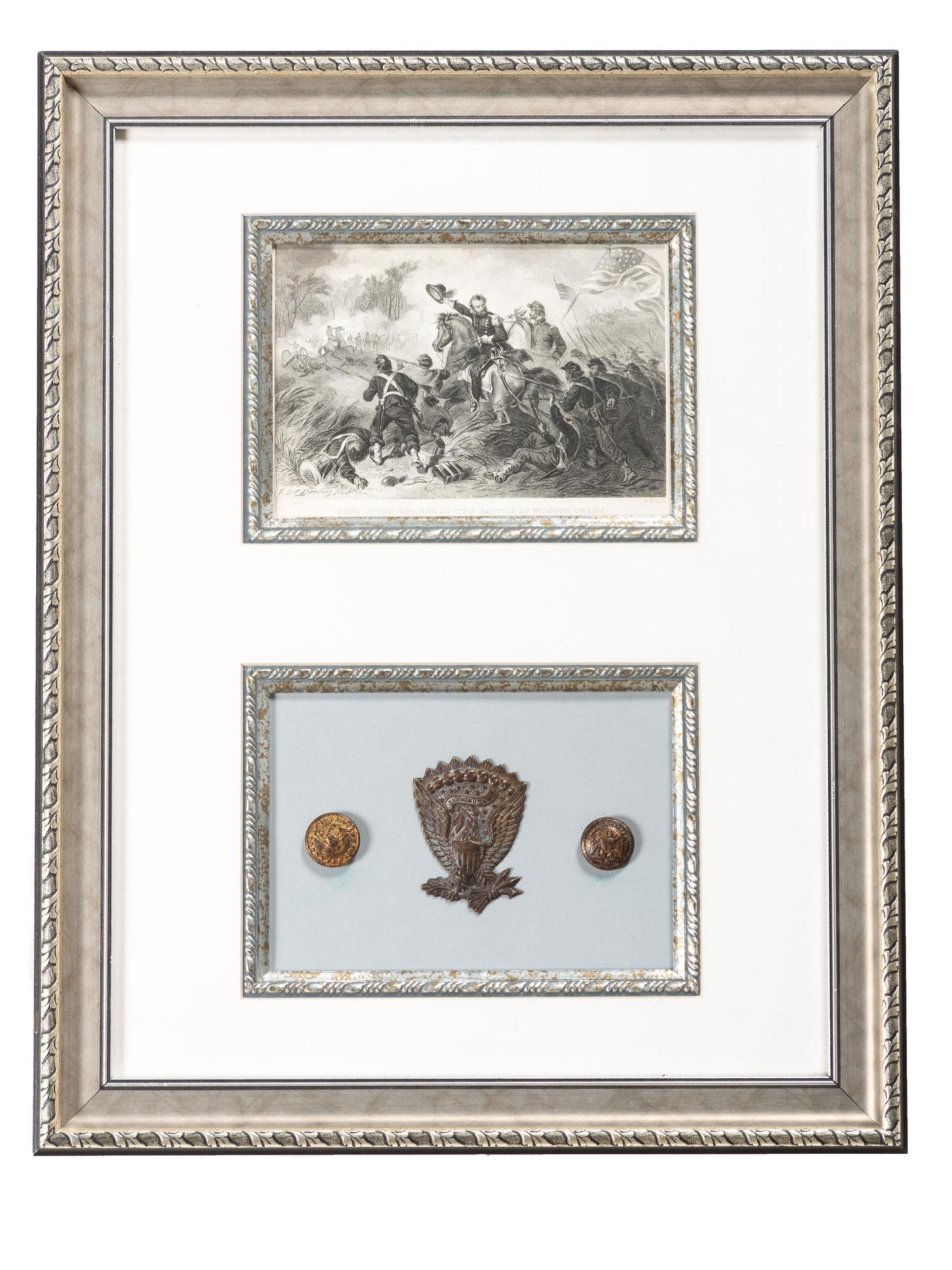 [CIVIL WAR]. A group of Confederate buttons and Union hat insignia framed with engraving, comprising: