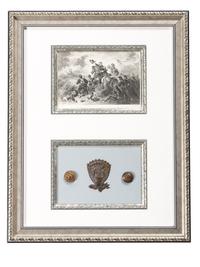 [CIVIL WAR]. A group of Confederate buttons and Union hat insignia framed with engraving, comprising: