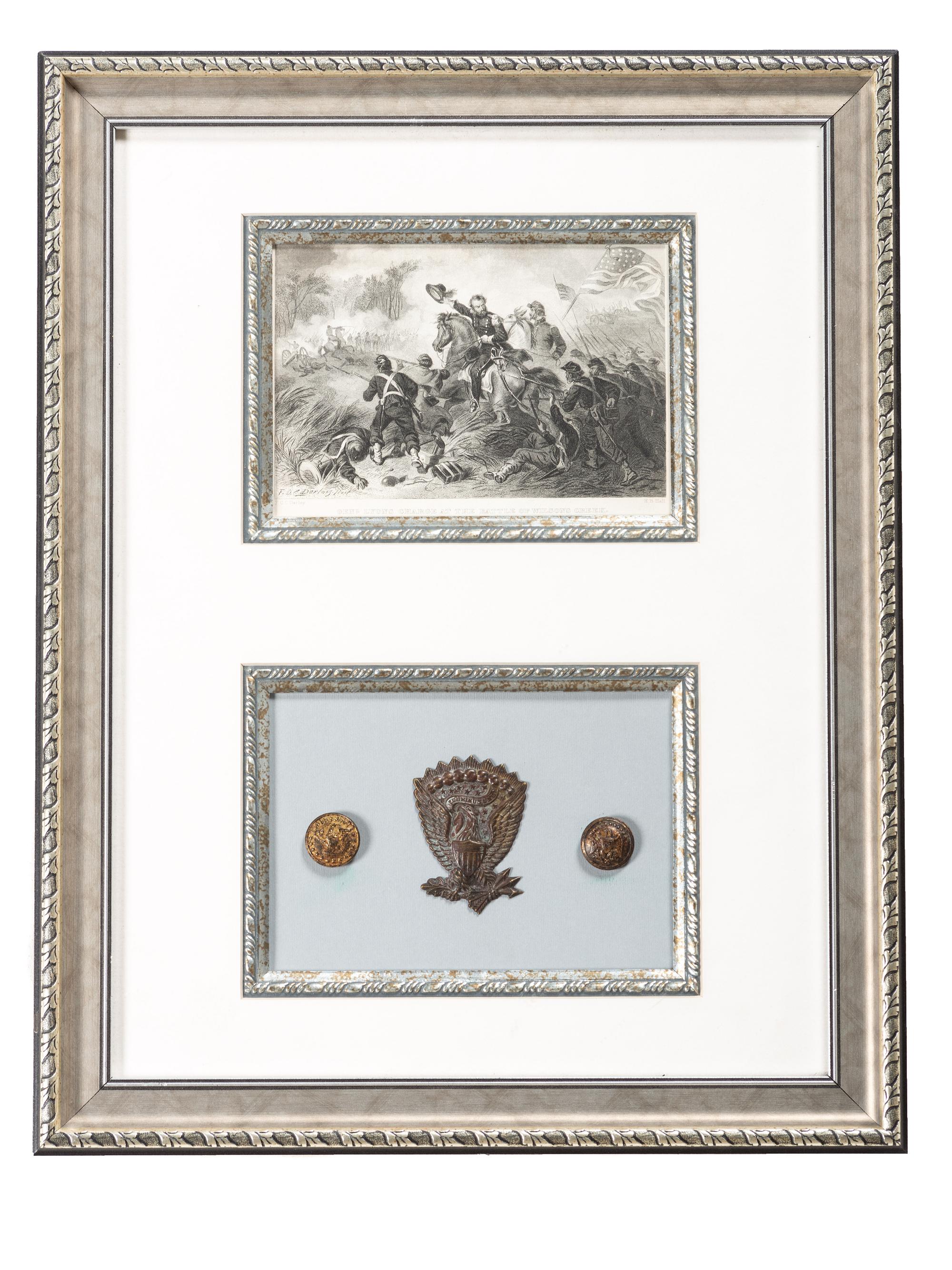 [CIVIL WAR]. A group of Confederate buttons and Union hat insignia framed with engraving, comprising: