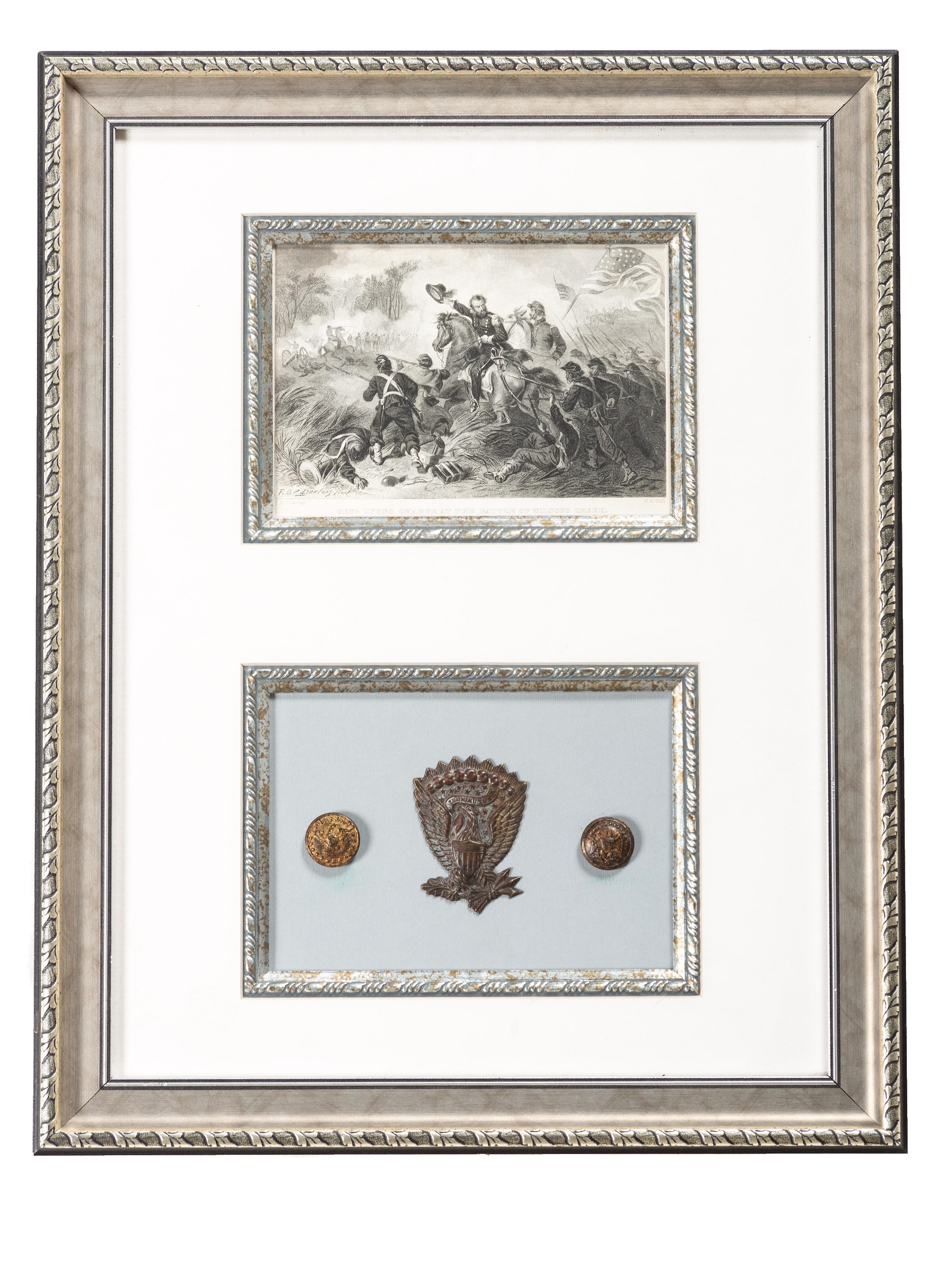 [CIVIL WAR]. A group of Confederate buttons and Union hat insignia framed with engraving, comprising: