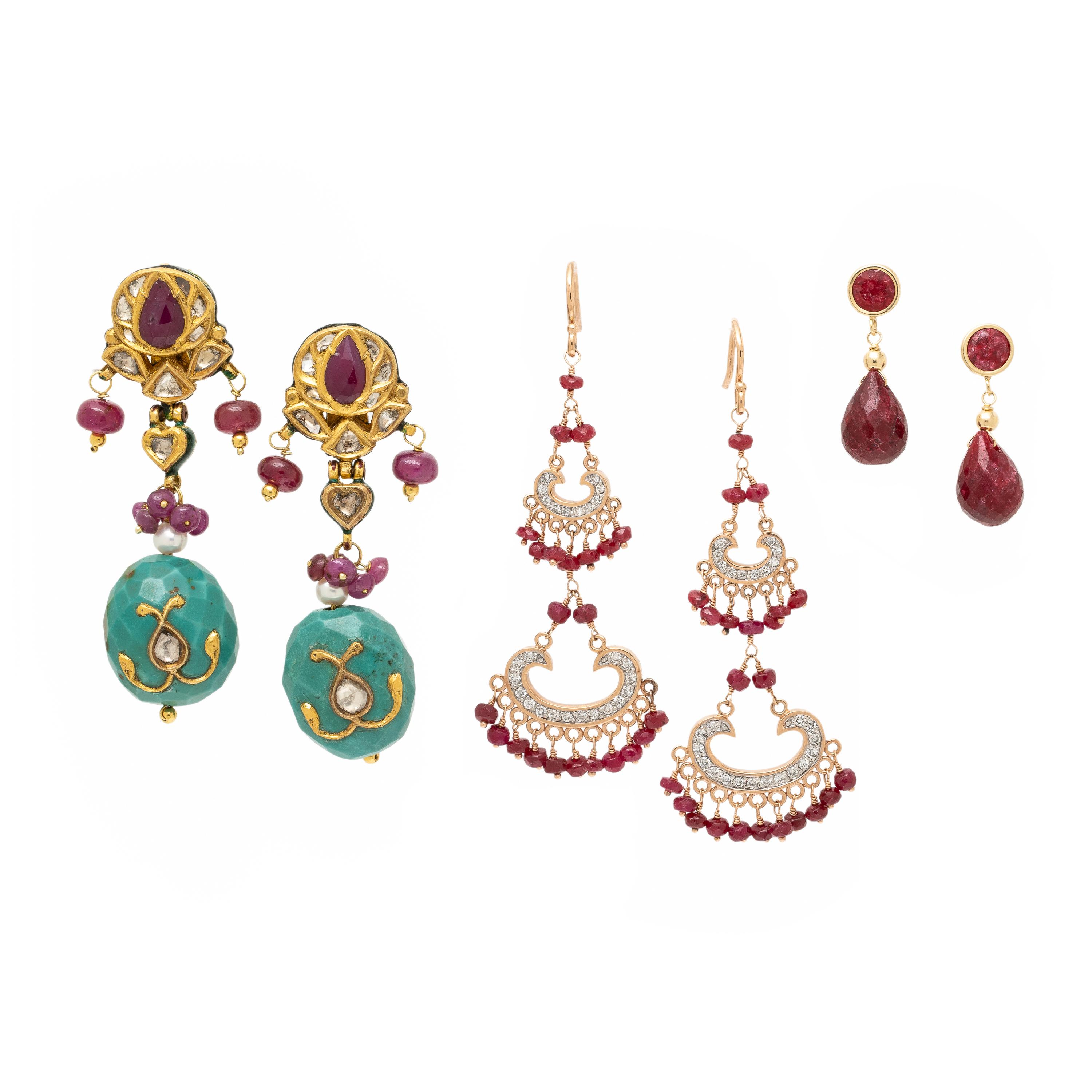 Three Pairs of Gold and Multigem Earrings