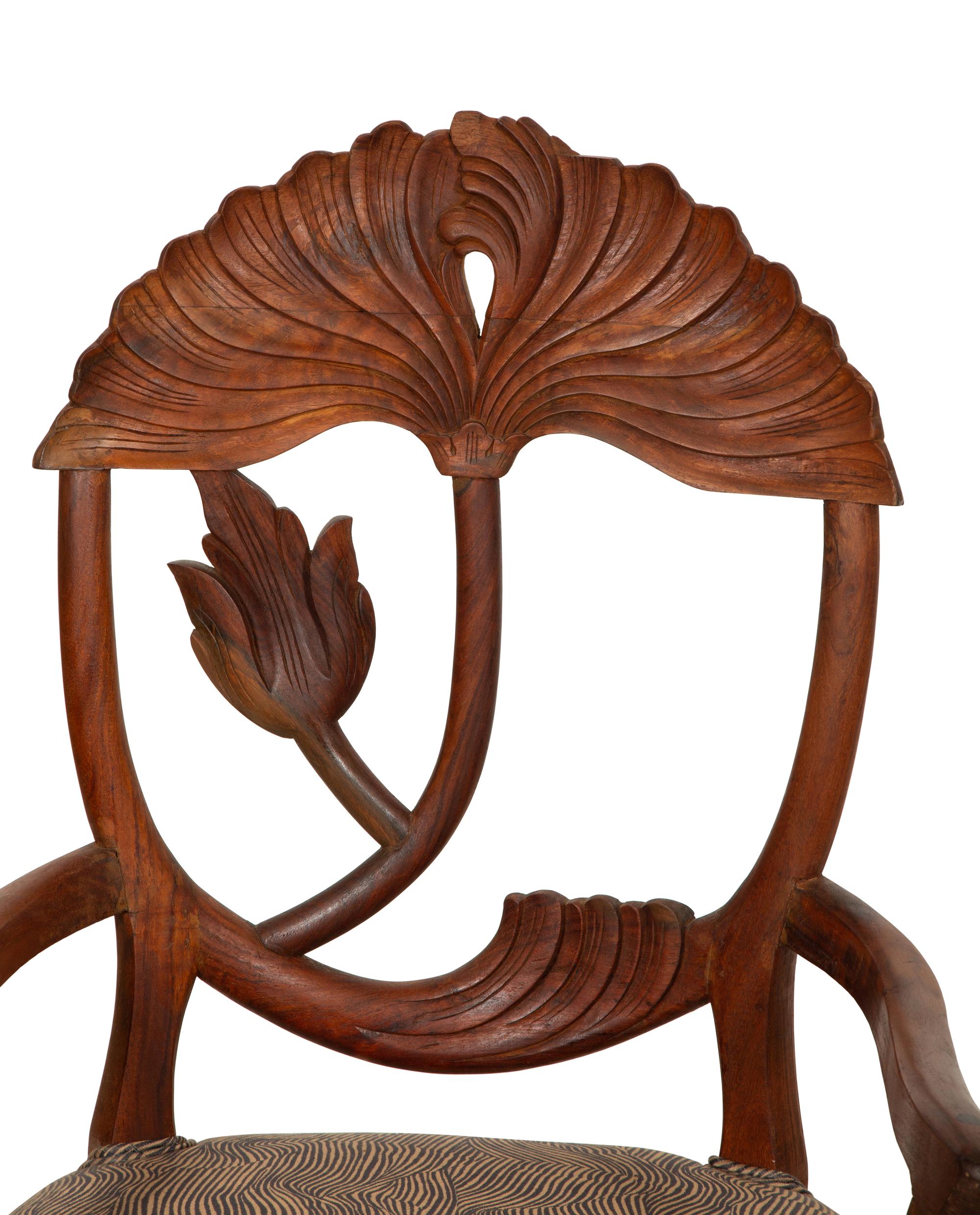 A Set of Five Carved Wood Lotus Flower Armchairs in the Manner of Phyllis Morris