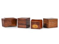 Four English Mahogany and Walnut Tea Caddies