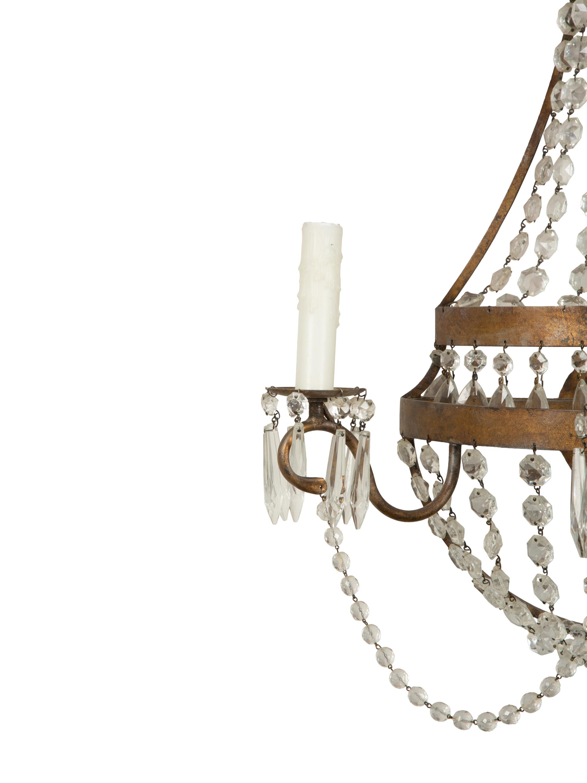A Pair of Neoclassical Gilt Metal Three-Light Sconces Hung with Cut Glass Beaded Swags