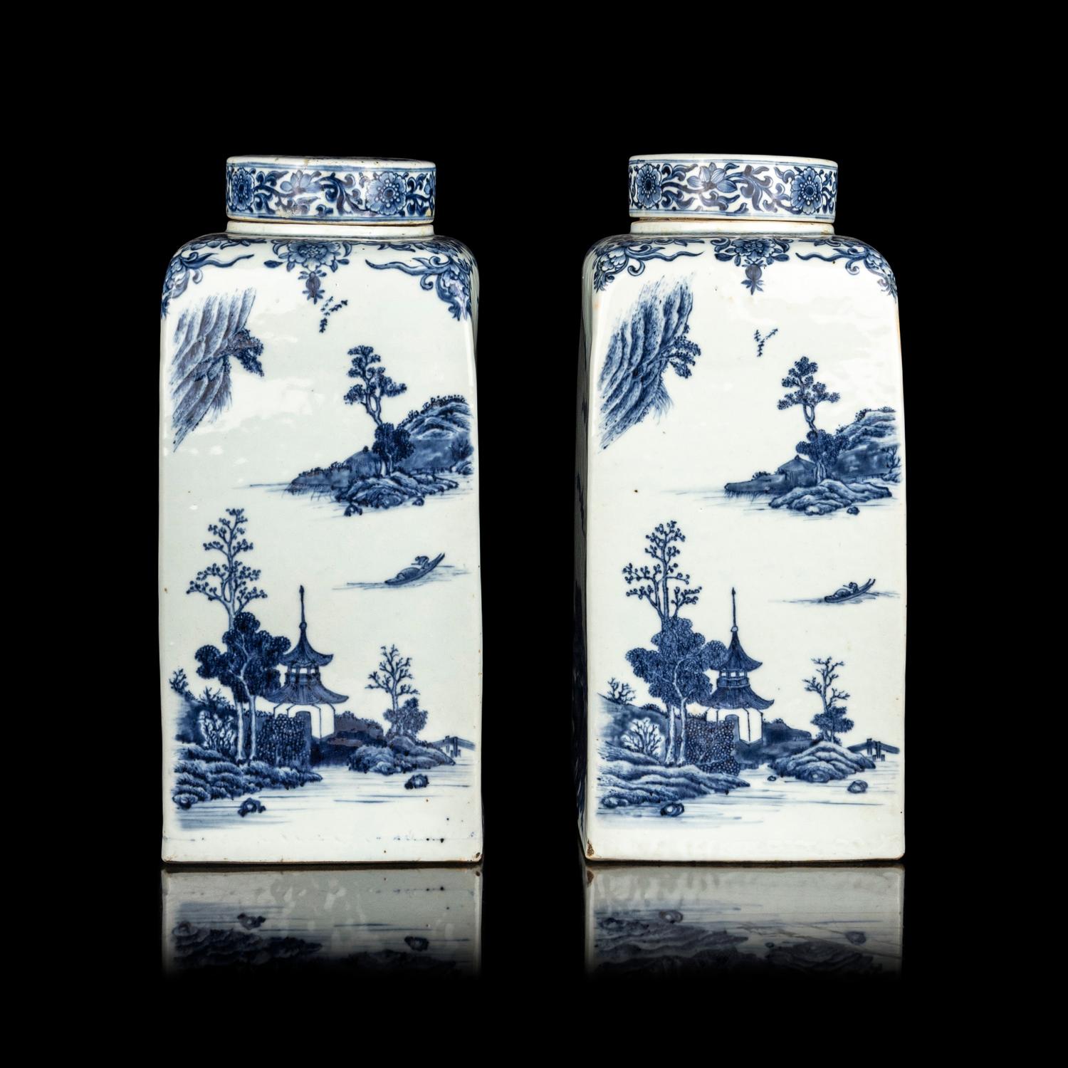 A Pair of Chinese Export Blue and White Covered Jars