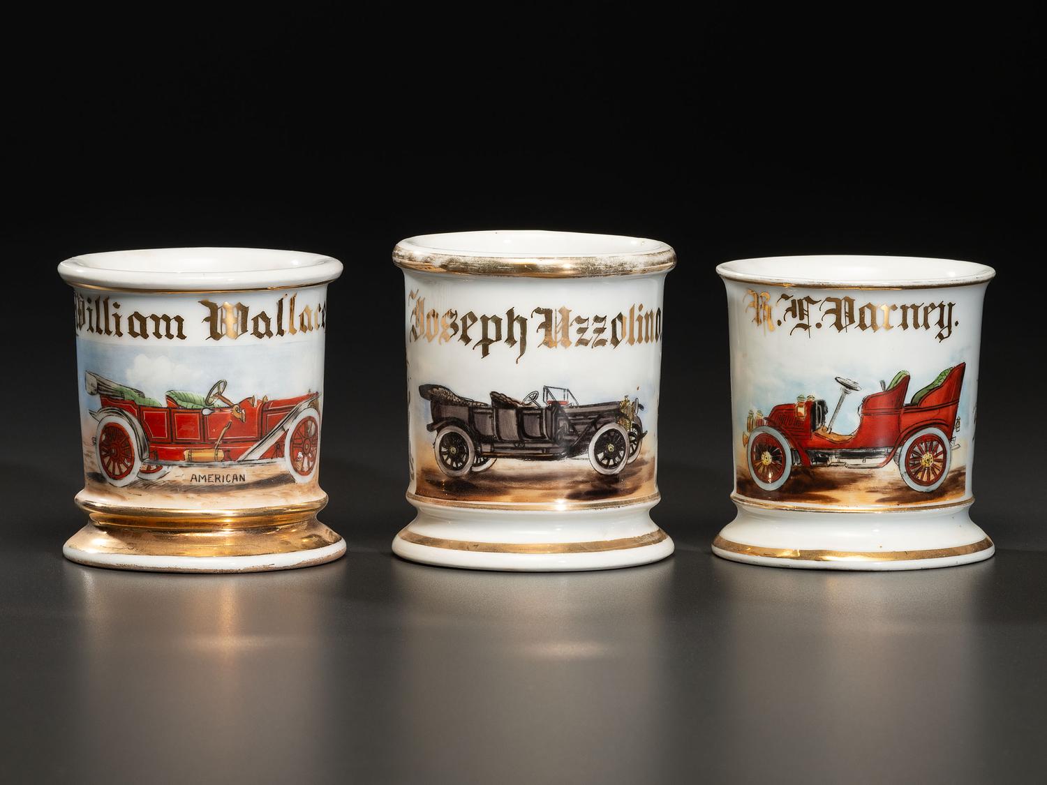 Three Porcelain Shaving Mugs Depicting Automobiles