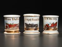 Three Porcelain Shaving Mugs Depicting Automobiles