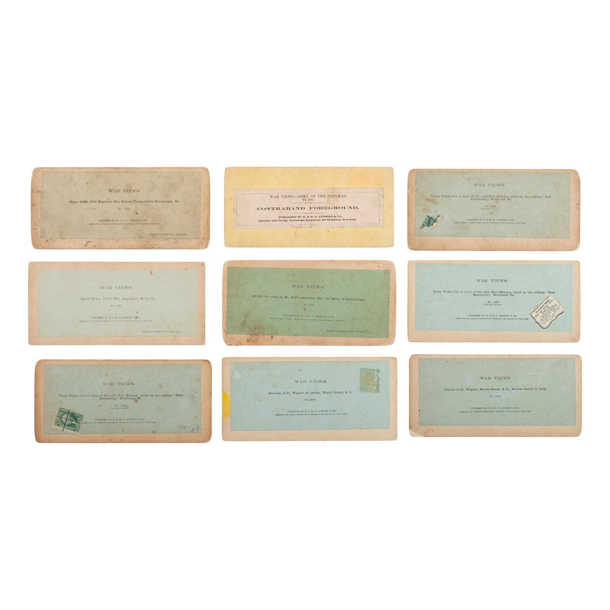 [African Americana] Group of Nine Stereoviews, African American Subjects and Troops