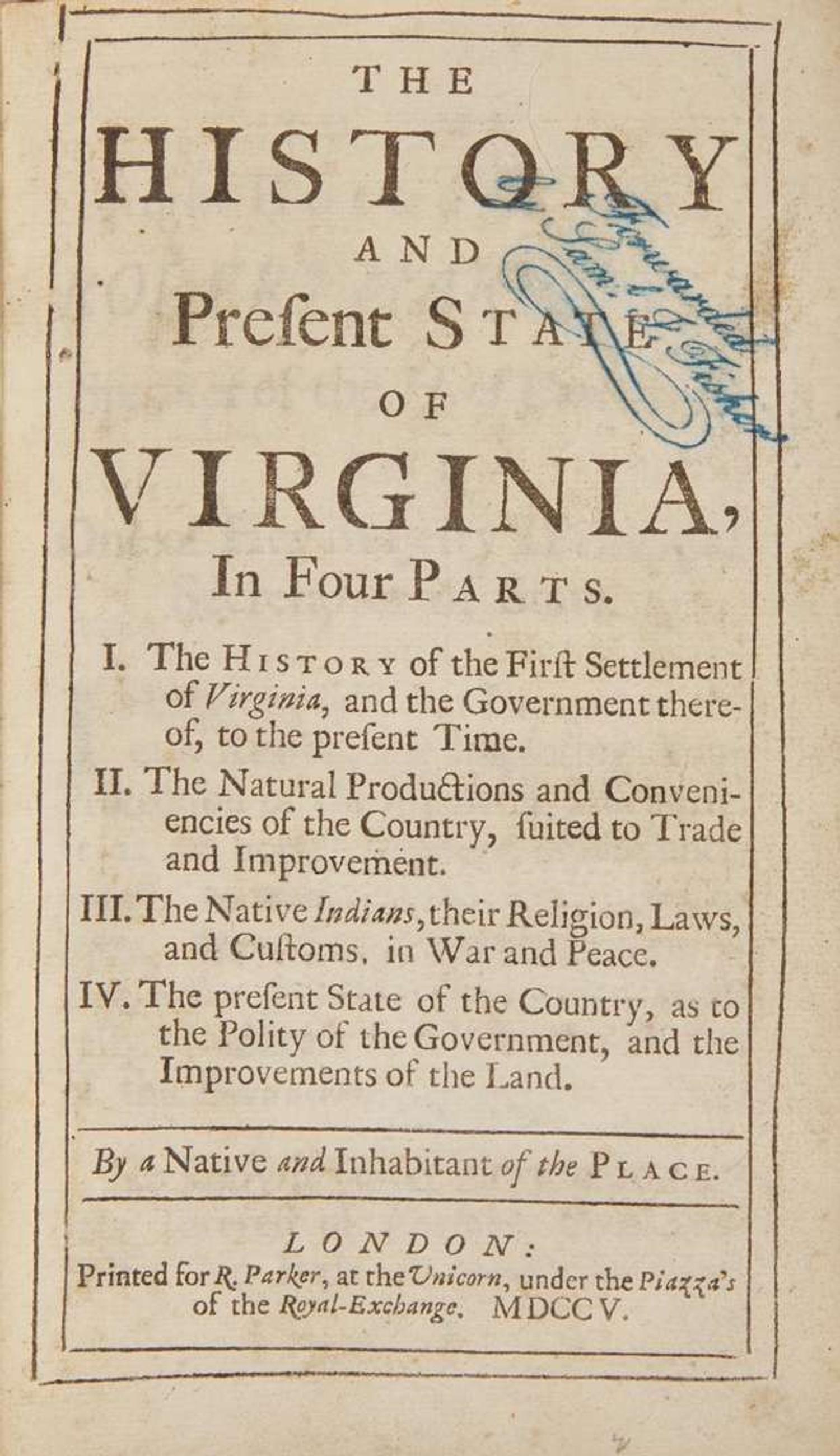 [Americana] [Virginia] (Beverly, Robert): The History and Present State of Virginia...