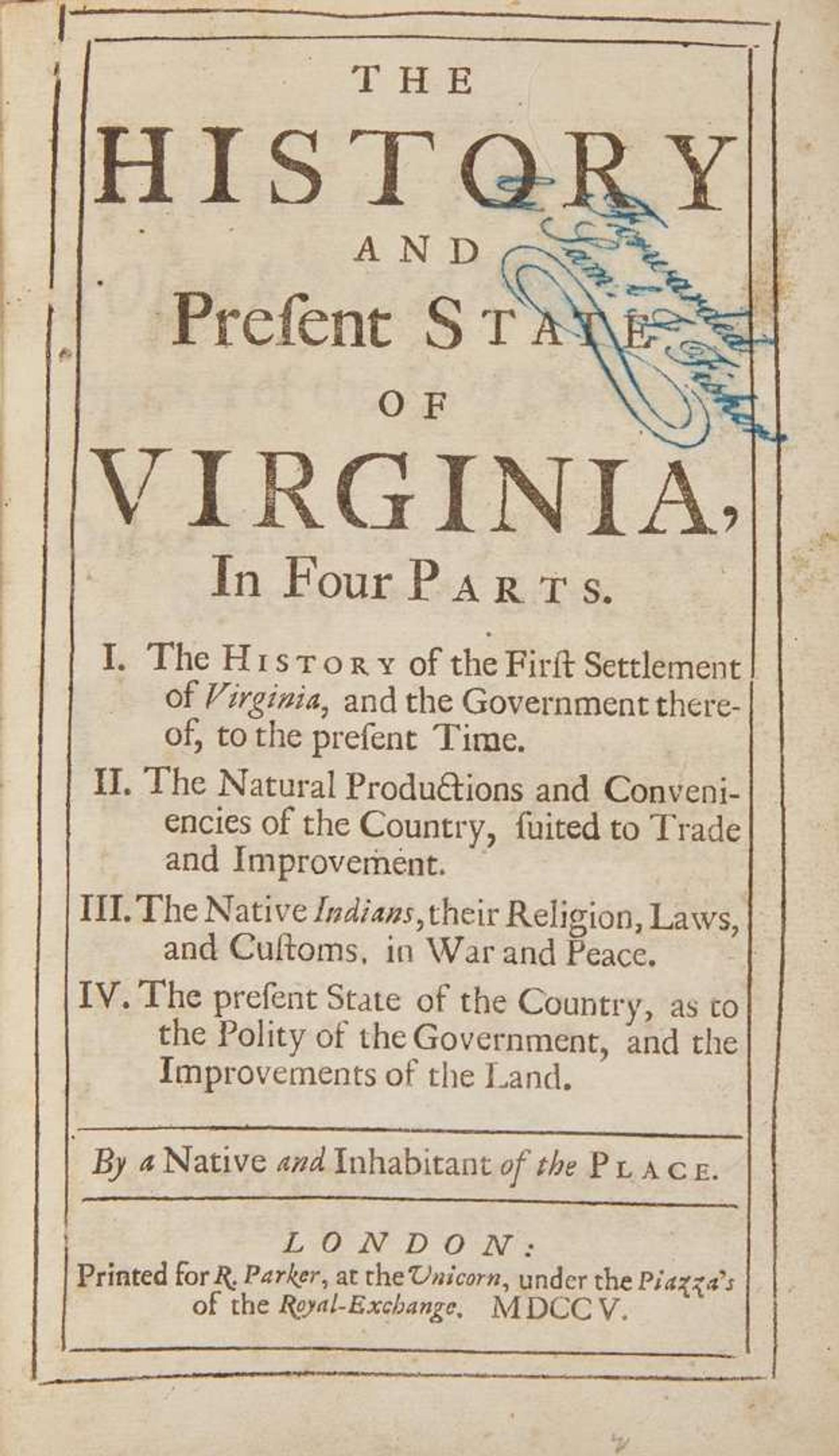 [Americana] [Virginia] (Beverly, Robert): The History and Present State of Virginia...