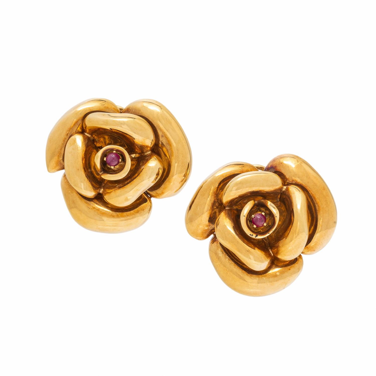 Ruby and Yellow Gold Flower Earrings