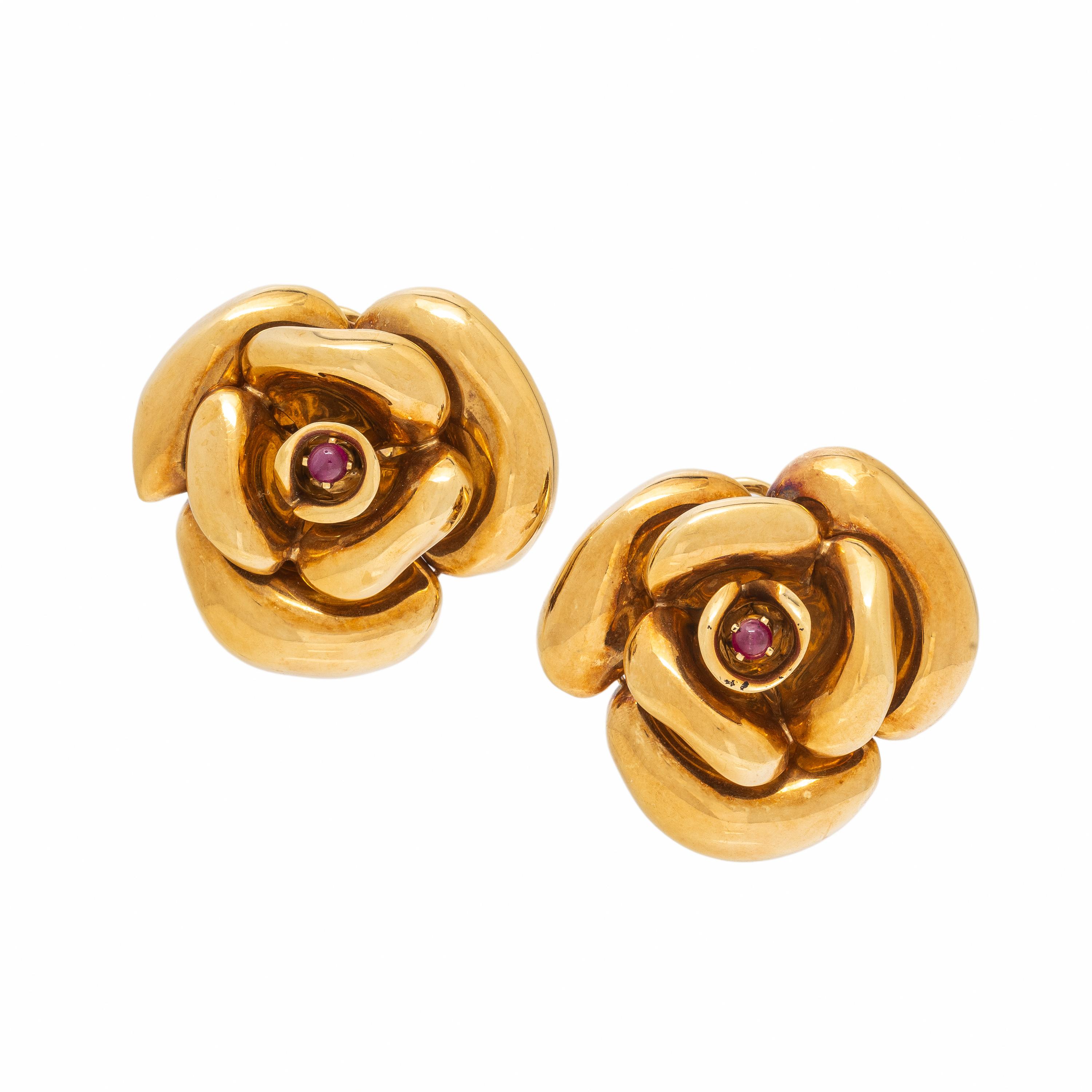 Ruby and Yellow Gold Flower Earrings